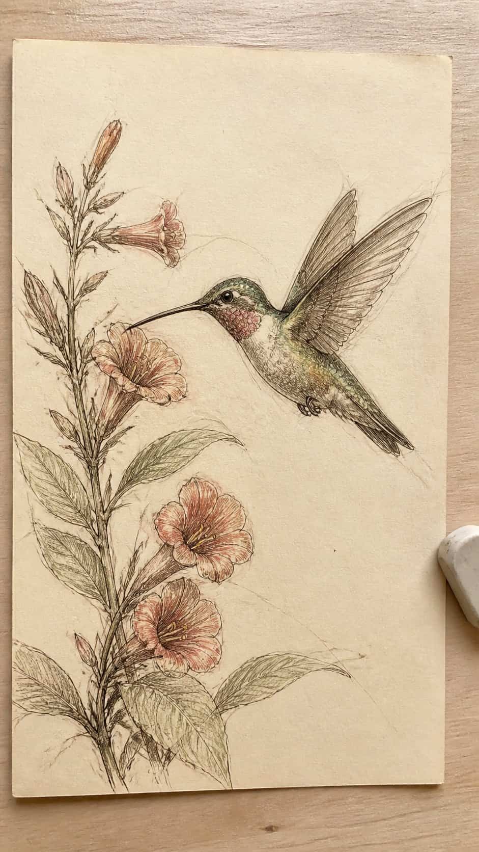 Hand-drawn vintage hummingbird illustration in sepia ink drawing on textured paper, shown in a straight overhead view — study 1