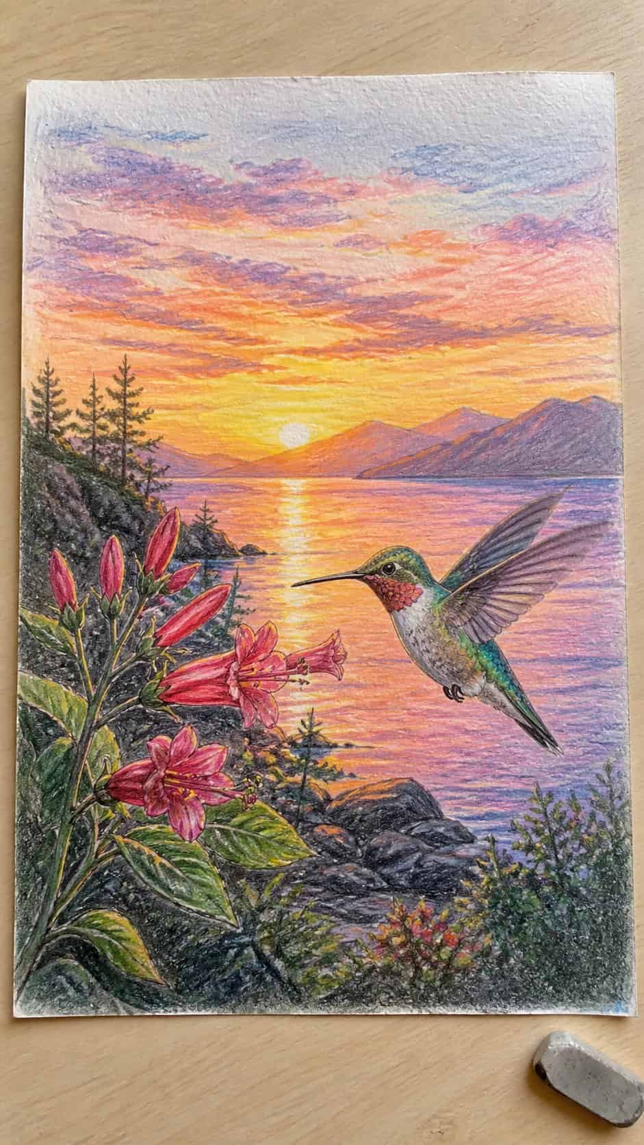 Hand-drawn hummingbird and sunset landscape in colored-pencil and gouache drawing on textured paper, shown in a straight overhead view — study 1