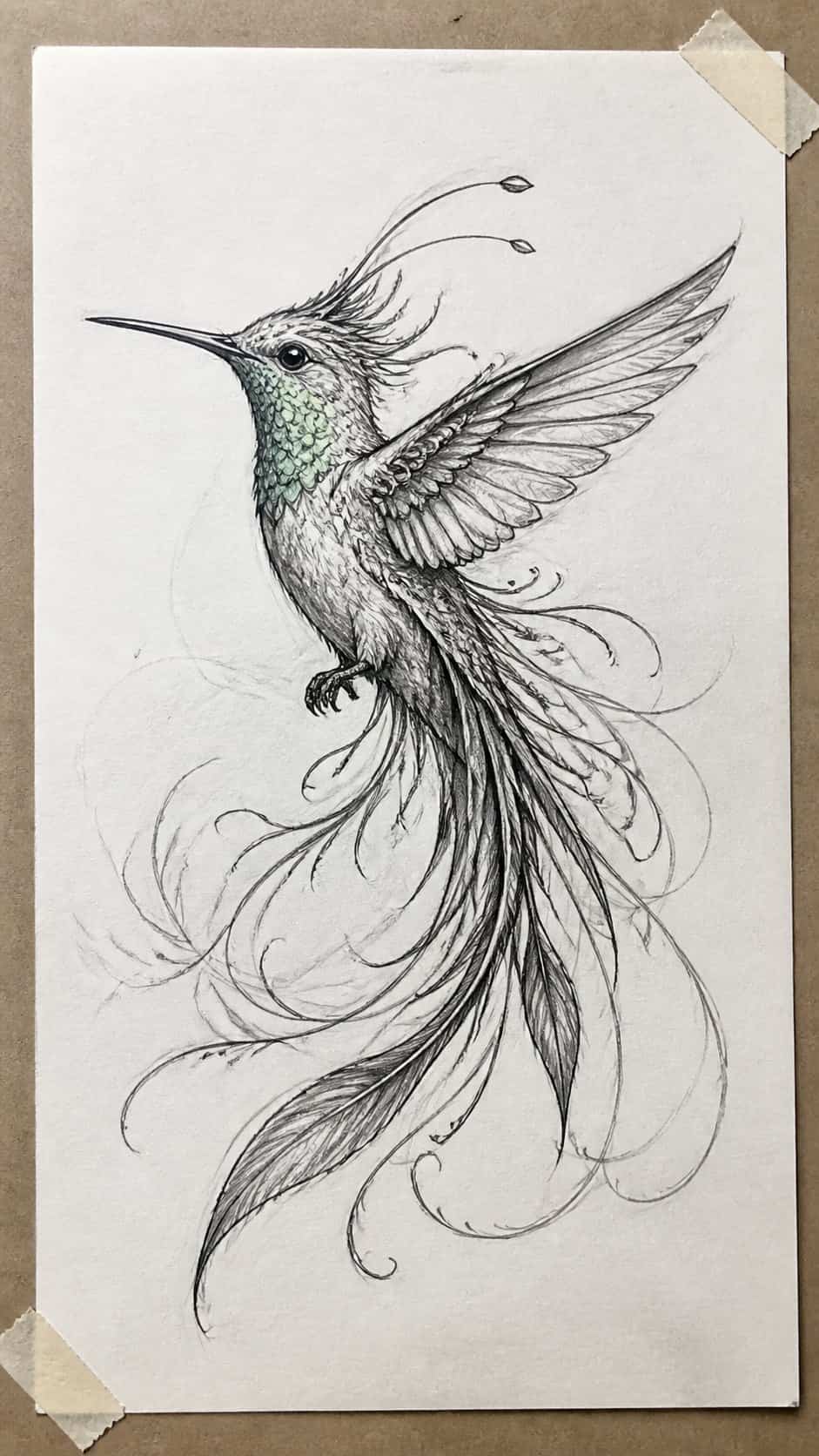 Hand-drawn mythical hummingbird creature in mixed-media hand drawing on textured paper, shown in a straight overhead view — study 1
