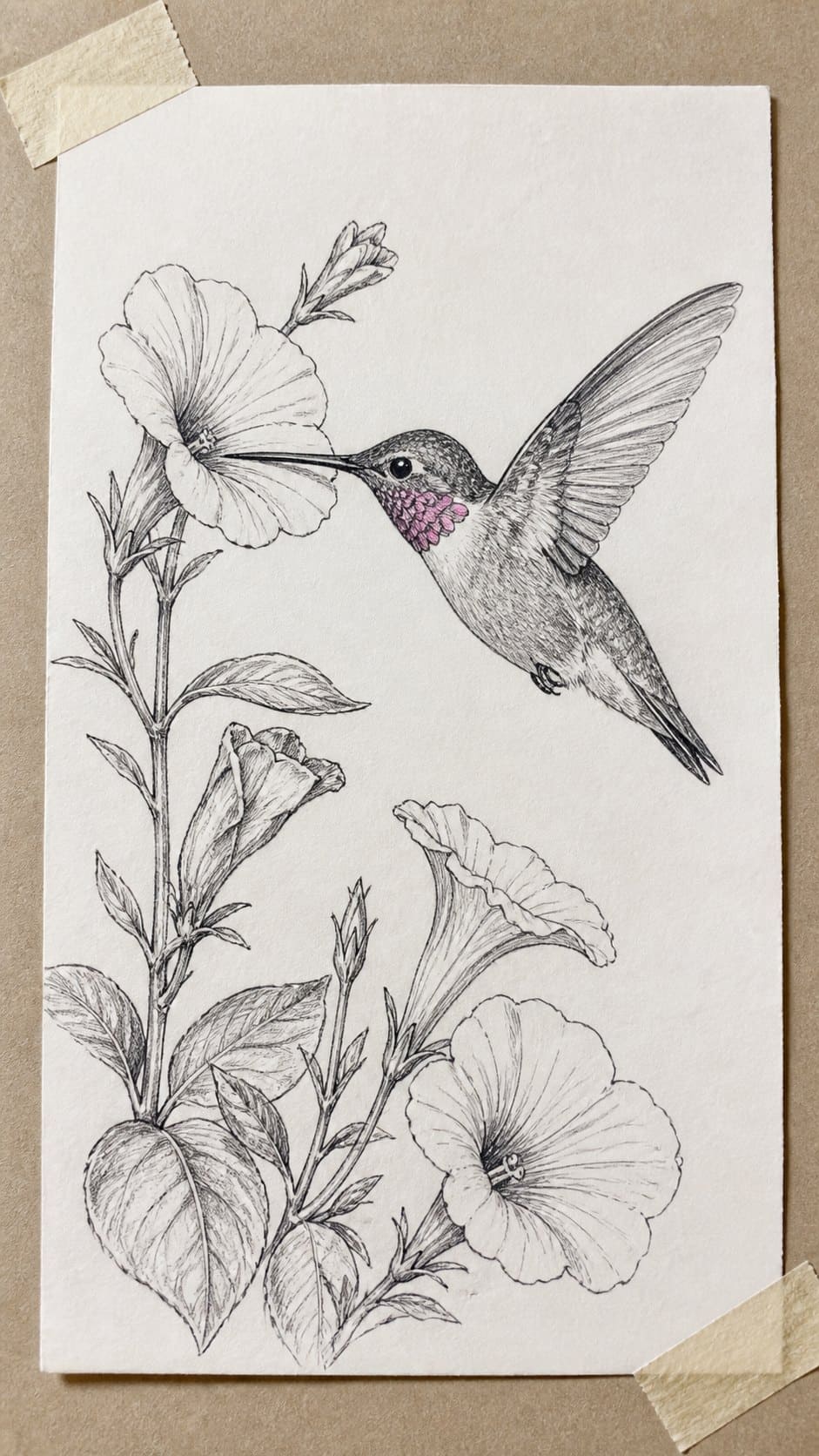 Hand-drawn hummingbird in a garden setting in mixed-media hand drawing on textured paper, shown in a straight overhead view — study 1