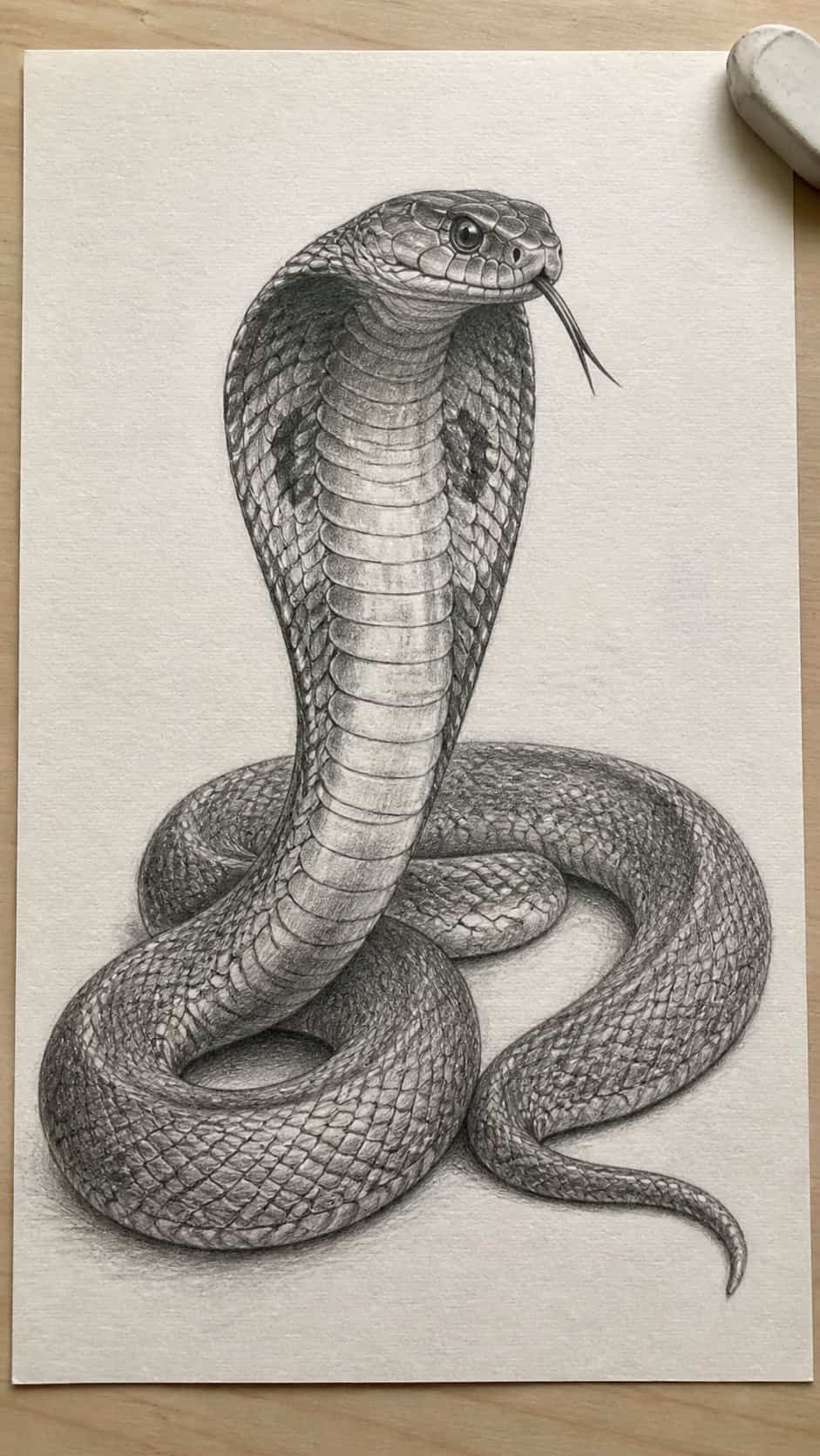 Hand-drawn realistic cobra in graphite drawing on textured paper, shown in a slightly off-center overhead composition, like an artist — study 1