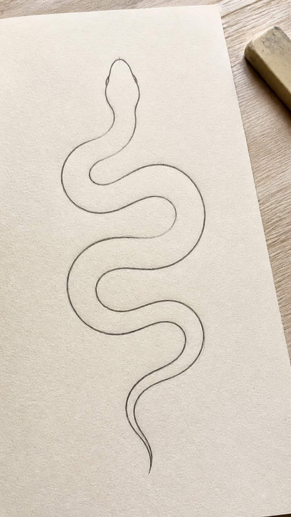 Hand-drawn minimalist snake outline in graphite drawing on textured paper, shown in a close overhead crop — study 1