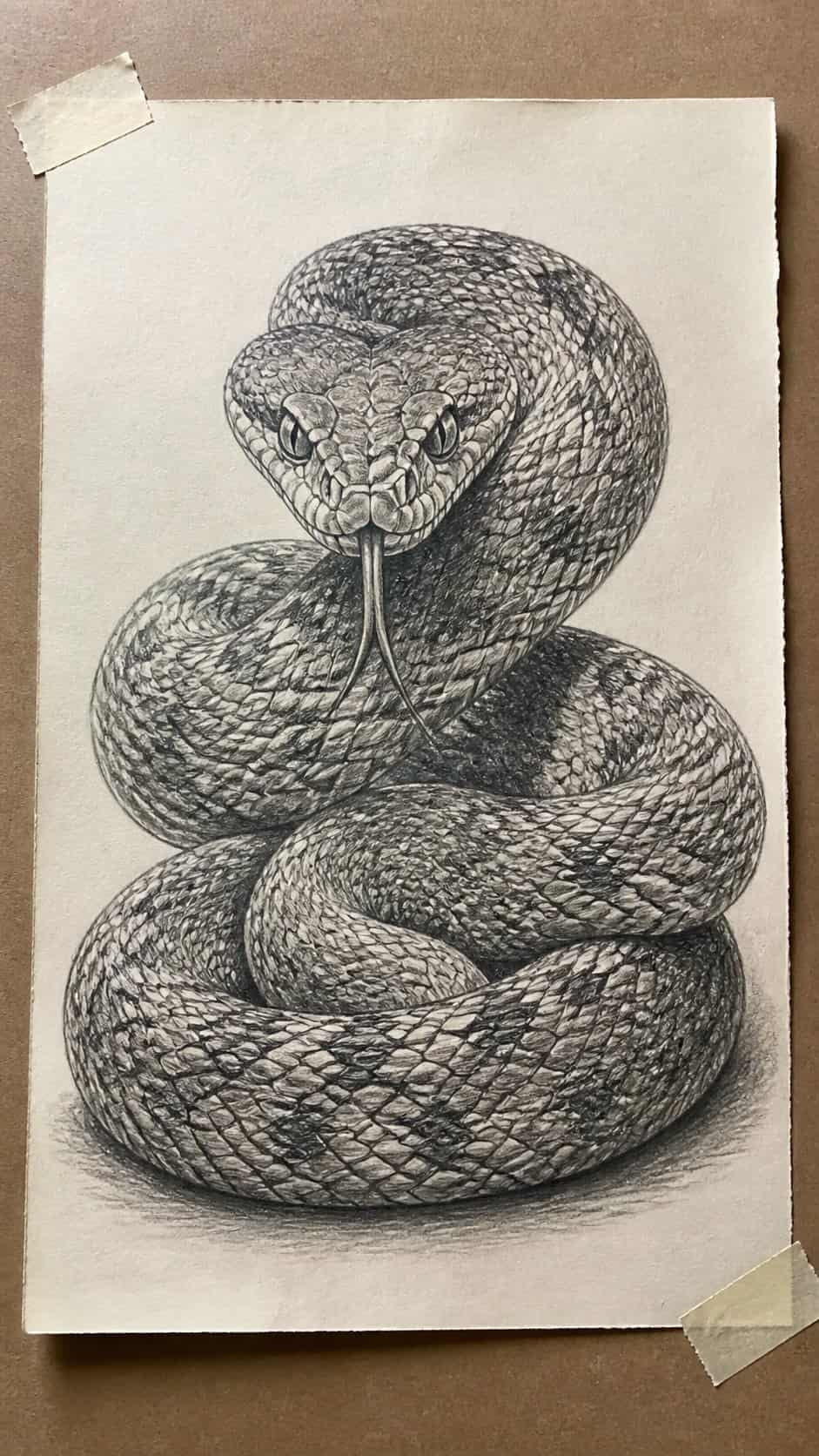 Hand-drawn coiled viper in graphite drawing on textured paper, shown in a straight overhead view — study 1