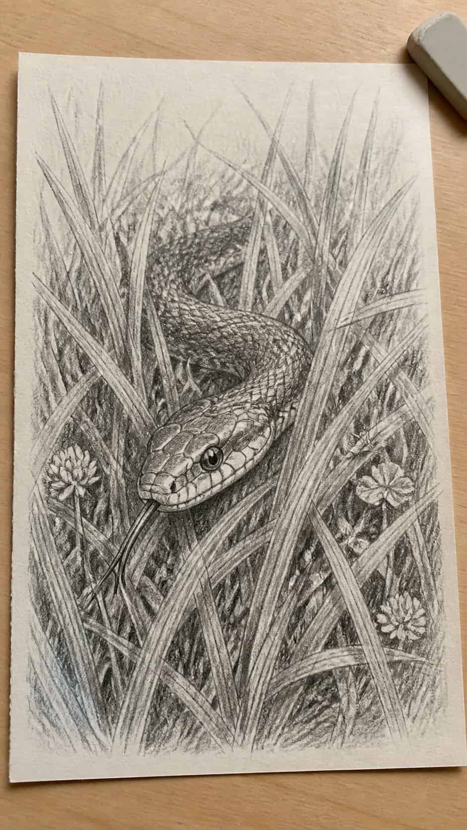 Hand-drawn snake in the grass in graphite drawing on textured paper, shown in a close overhead crop — study 1