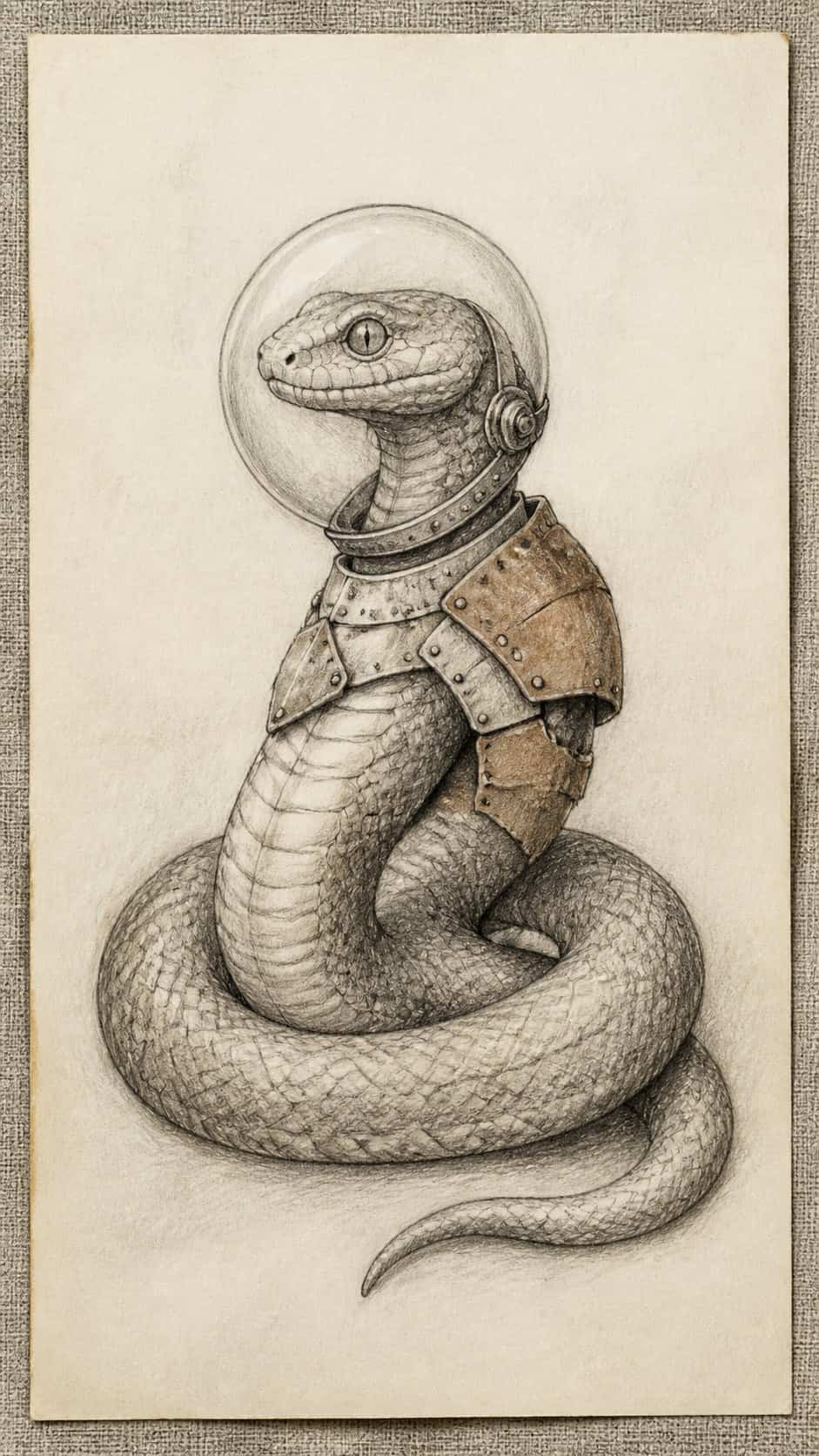 Hand-drawn mandalorian snake in graphite drawing on textured paper, shown in a straight overhead view — study 1