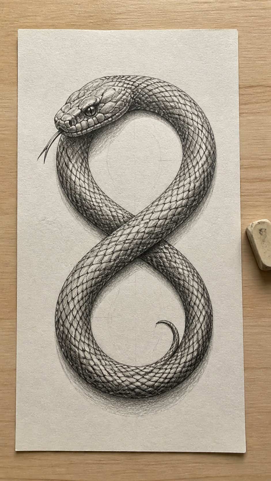 Hand-drawn infinity symbol snake in graphite drawing on textured paper, shown in a straight overhead view — study 1