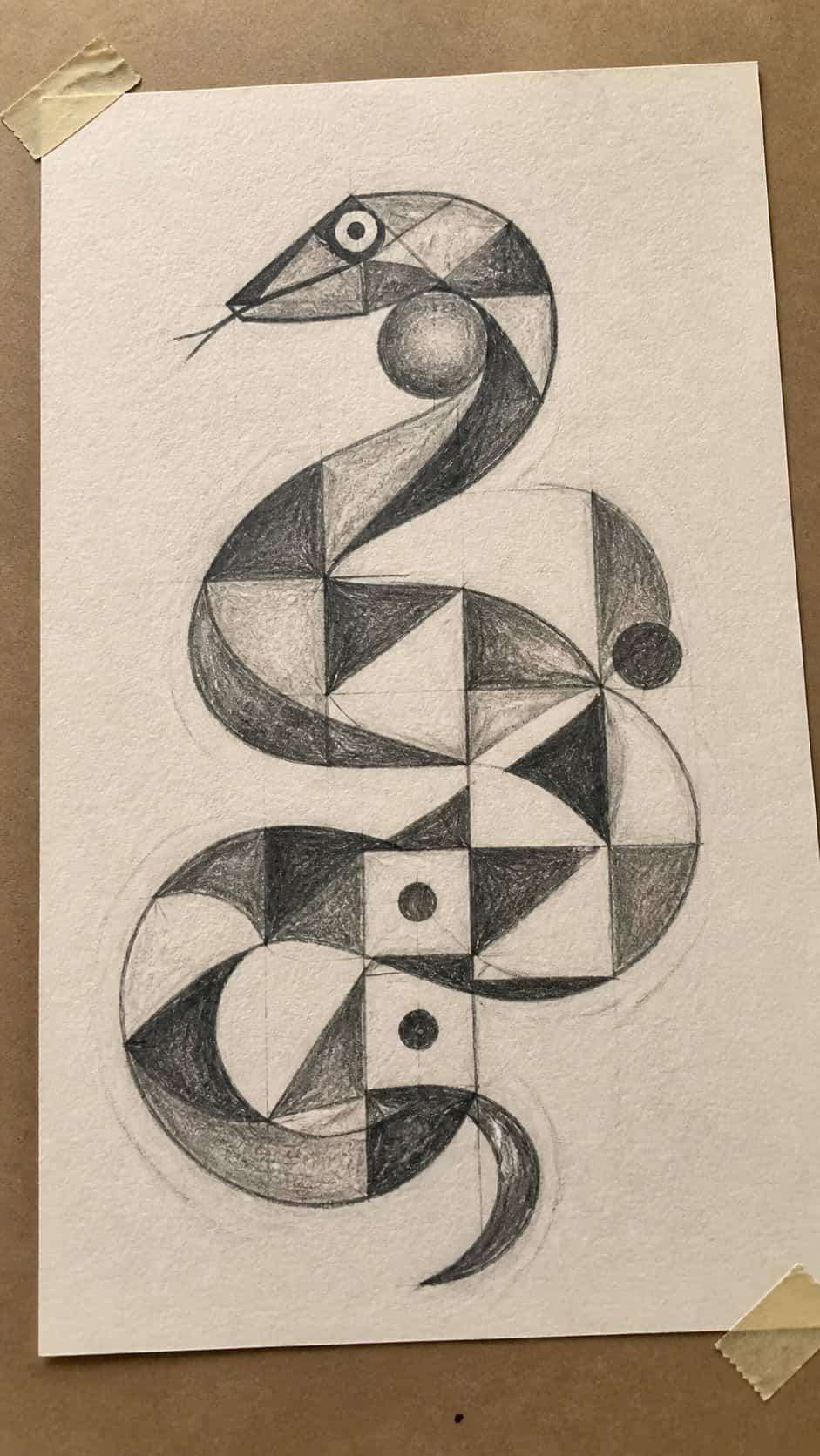 Hand-drawn abstract snake shapes in graphite drawing on textured paper, shown in a slightly off-center overhead composition, like an — study 1