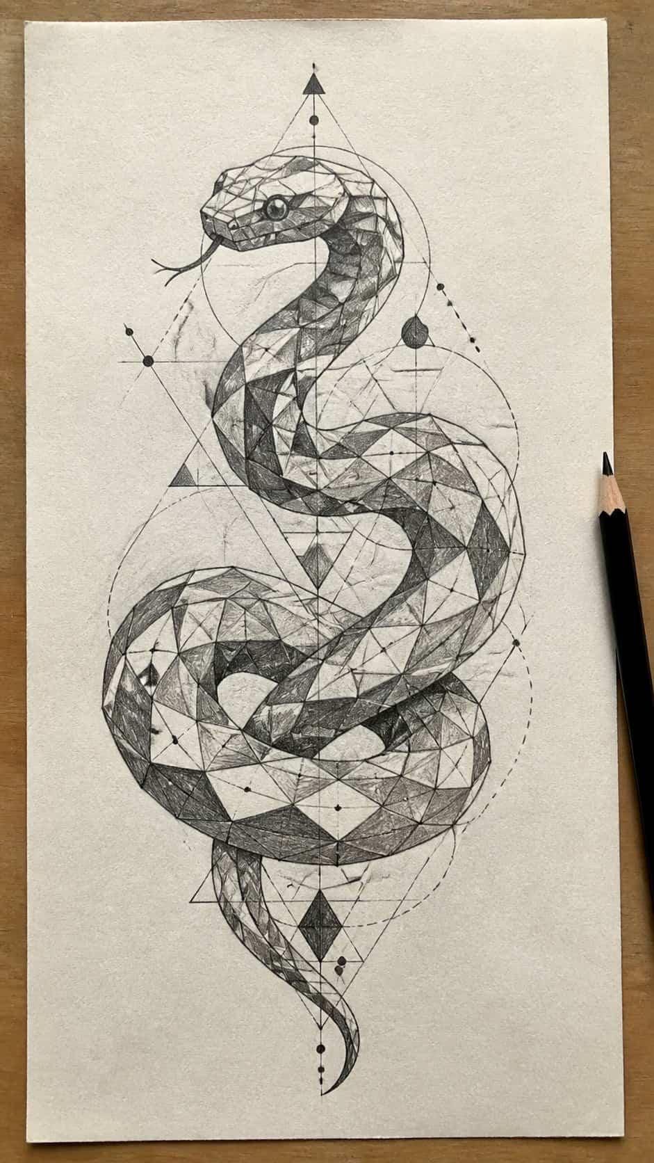 Hand-drawn geometric snake art in graphite drawing on textured paper, shown in a straight overhead view — study 1