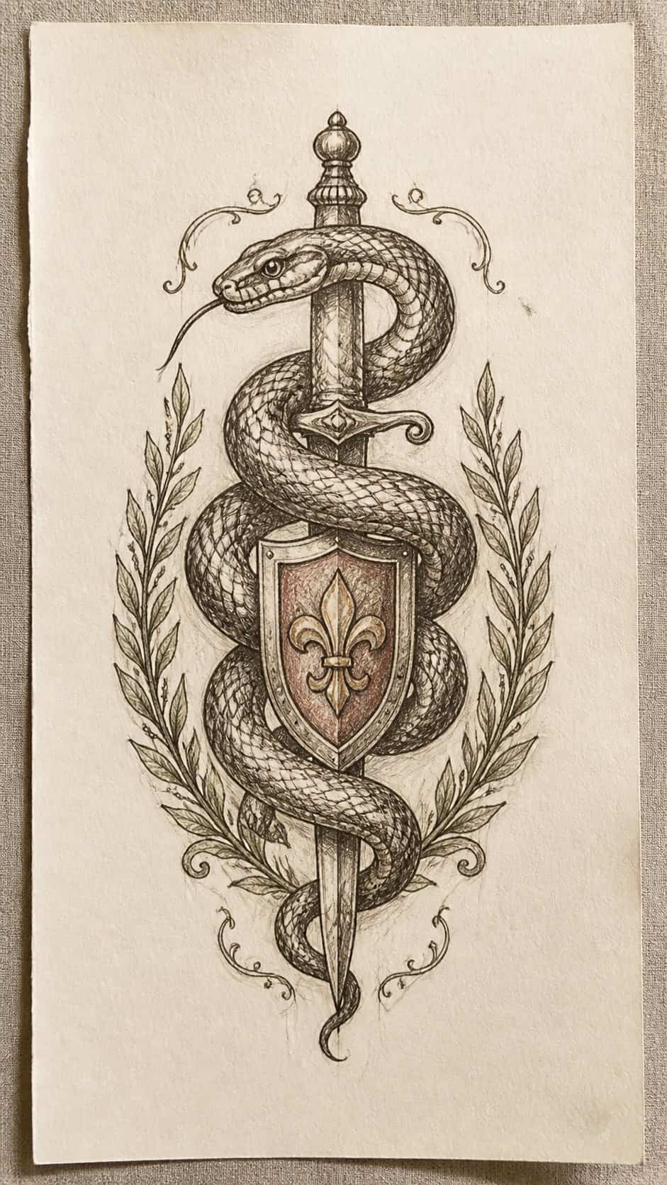 Hand-drawn vintage snake emblem in sepia ink drawing on textured paper, shown in a close overhead crop — study 1