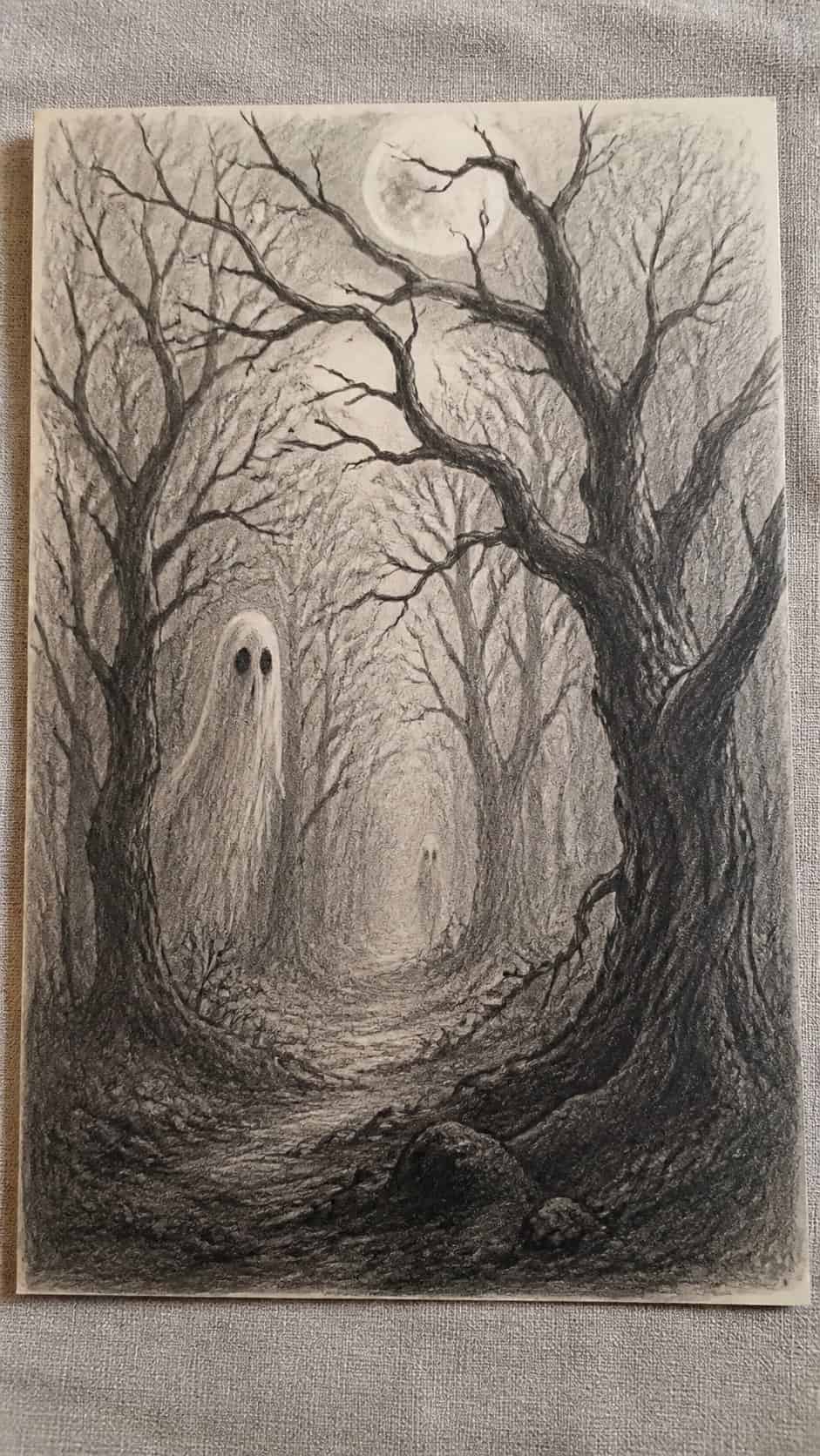 18 Ghost Drawing Ideas for Spooky and Expressive Sketches 2 Hand-drawn spooky forest scene in graphite drawing on textured paper, shown in a slightly off-center overhead composition, like an — study 1