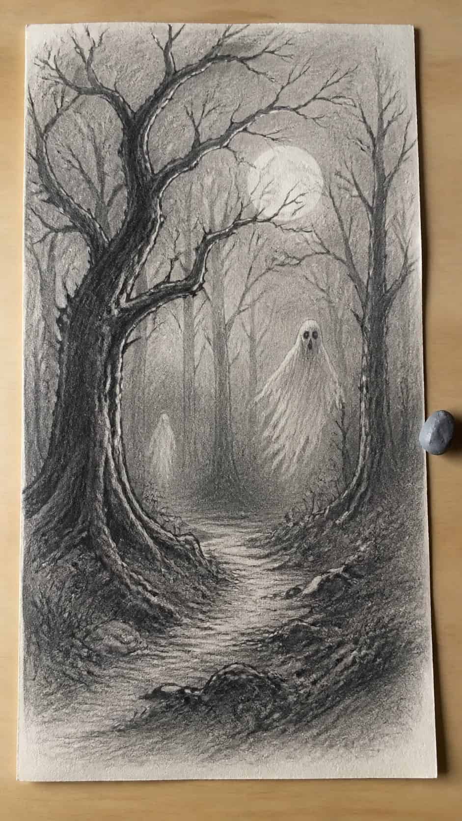 18 Ghost Drawing Ideas for Spooky and Expressive Sketches 3 Hand-drawn spooky forest scene in graphite drawing on textured paper, shown in a straight overhead view — study 2