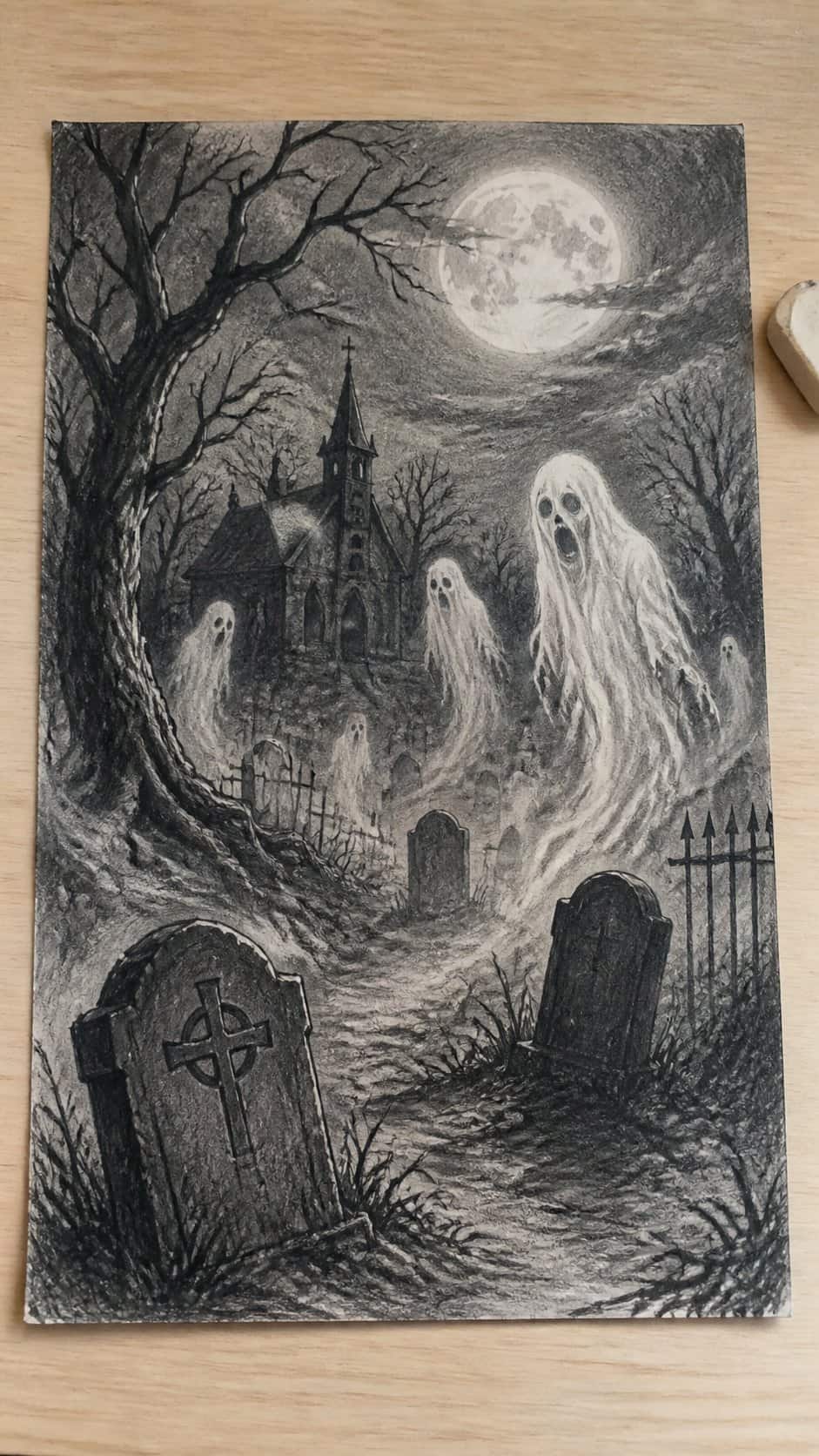 18 Ghost Drawing Ideas for Spooky and Expressive Sketches 7 Hand-drawn ghostly graveyard in graphite drawing on textured paper, shown in a straight overhead view — study 1