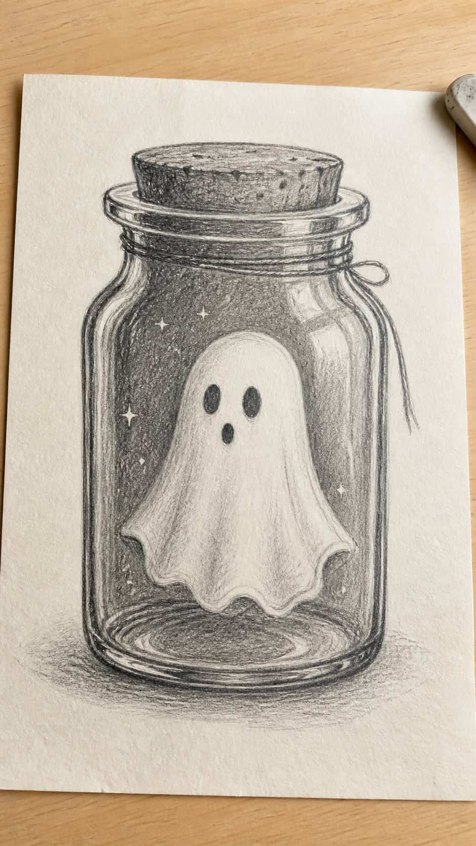 18 Ghost Drawing Ideas for Spooky and Expressive Sketches 8 Hand-drawn ghost in a jar in graphite drawing on textured paper, shown in a gentle oblique desk view that shows paper tooth and — study 1
