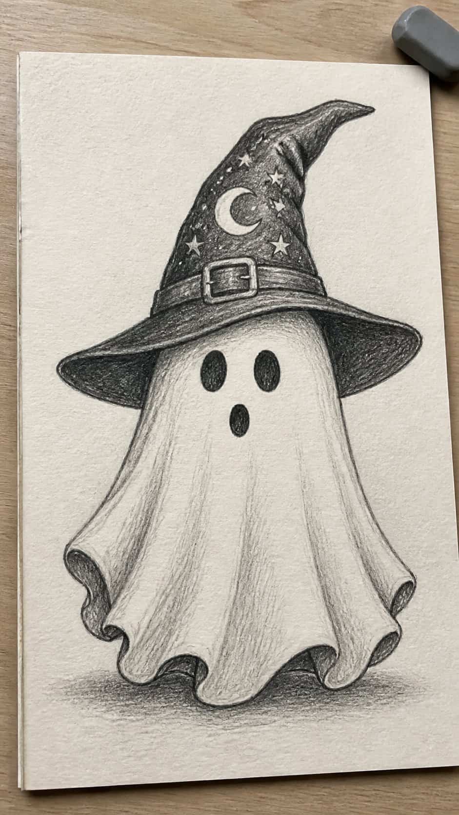 18 Ghost Drawing Ideas for Spooky and Expressive Sketches 10 Hand-drawn ghost in a witch hat in graphite drawing on textured paper, shown in a close overhead crop — study 1