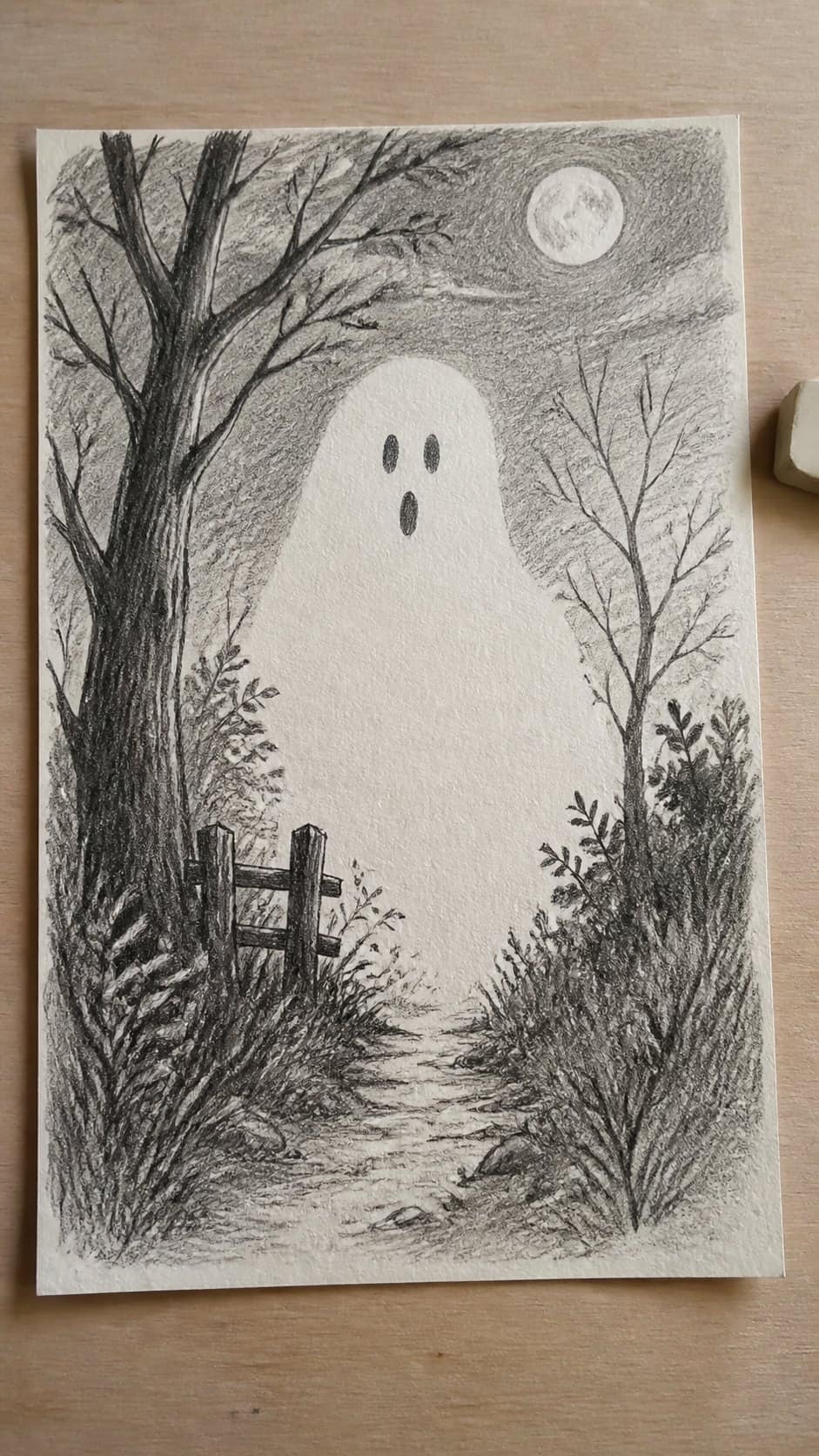 18 Ghost Drawing Ideas for Spooky and Expressive Sketches 15 Hand-drawn invisible ghost outline in graphite drawing on textured paper, shown in a slightly off-center overhead composition, like an — study 1