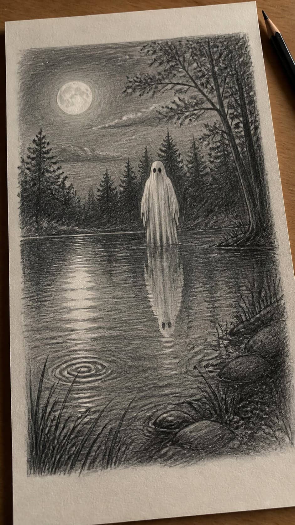 18 Ghost Drawing Ideas for Spooky and Expressive Sketches 16 Hand-drawn ghostly reflection in water in graphite drawing on textured paper, shown in a gentle oblique desk view that shows paper — study 1