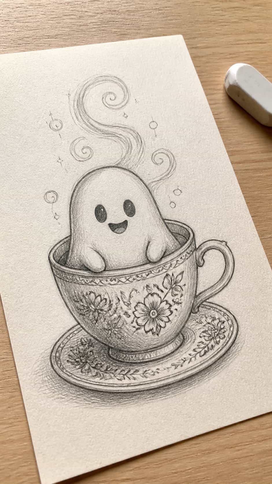 18 Ghost Drawing Ideas for Spooky and Expressive Sketches 17 Hand-drawn happy ghost in a teacup in graphite drawing on textured paper, shown in a gentle oblique desk view that shows paper tooth — study 1