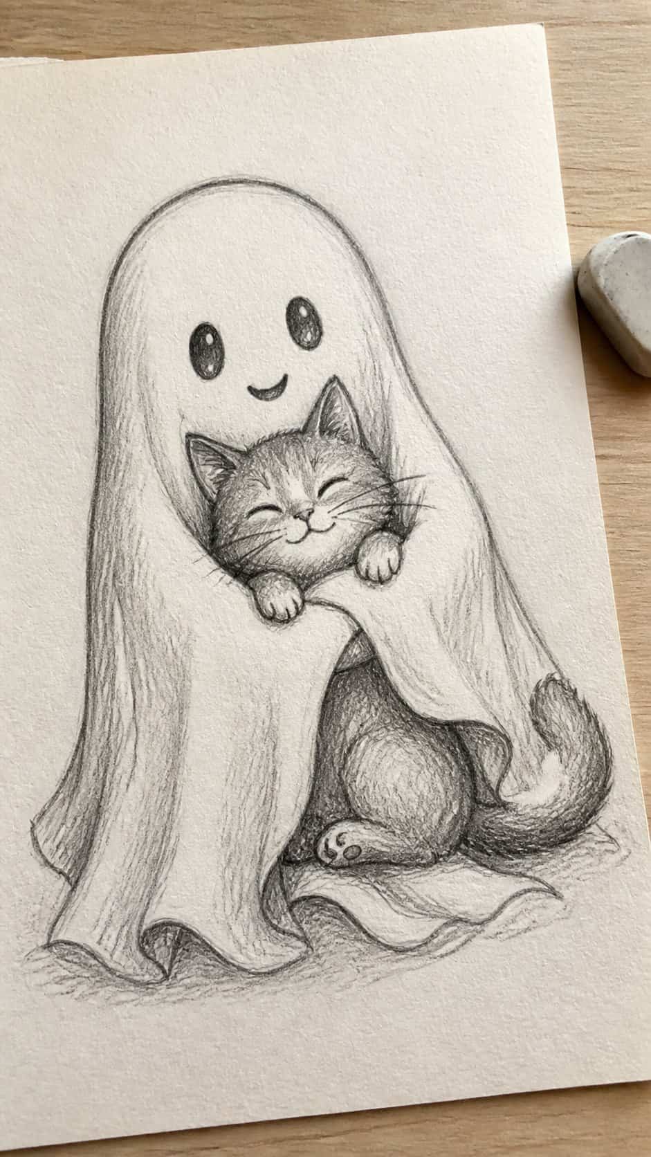 18 Ghost Drawing Ideas for Spooky and Expressive Sketches 19 Hand-drawn ghost with a friendly cat in graphite drawing on textured paper, shown in a close overhead crop — study 1