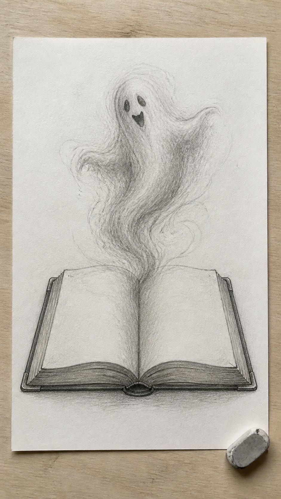 18 Ghost Drawing Ideas for Spooky and Expressive Sketches 20 Hand-drawn ghost emerging from a book in graphite drawing on textured paper, shown in a slightly off-center overhead composition, like — study 1