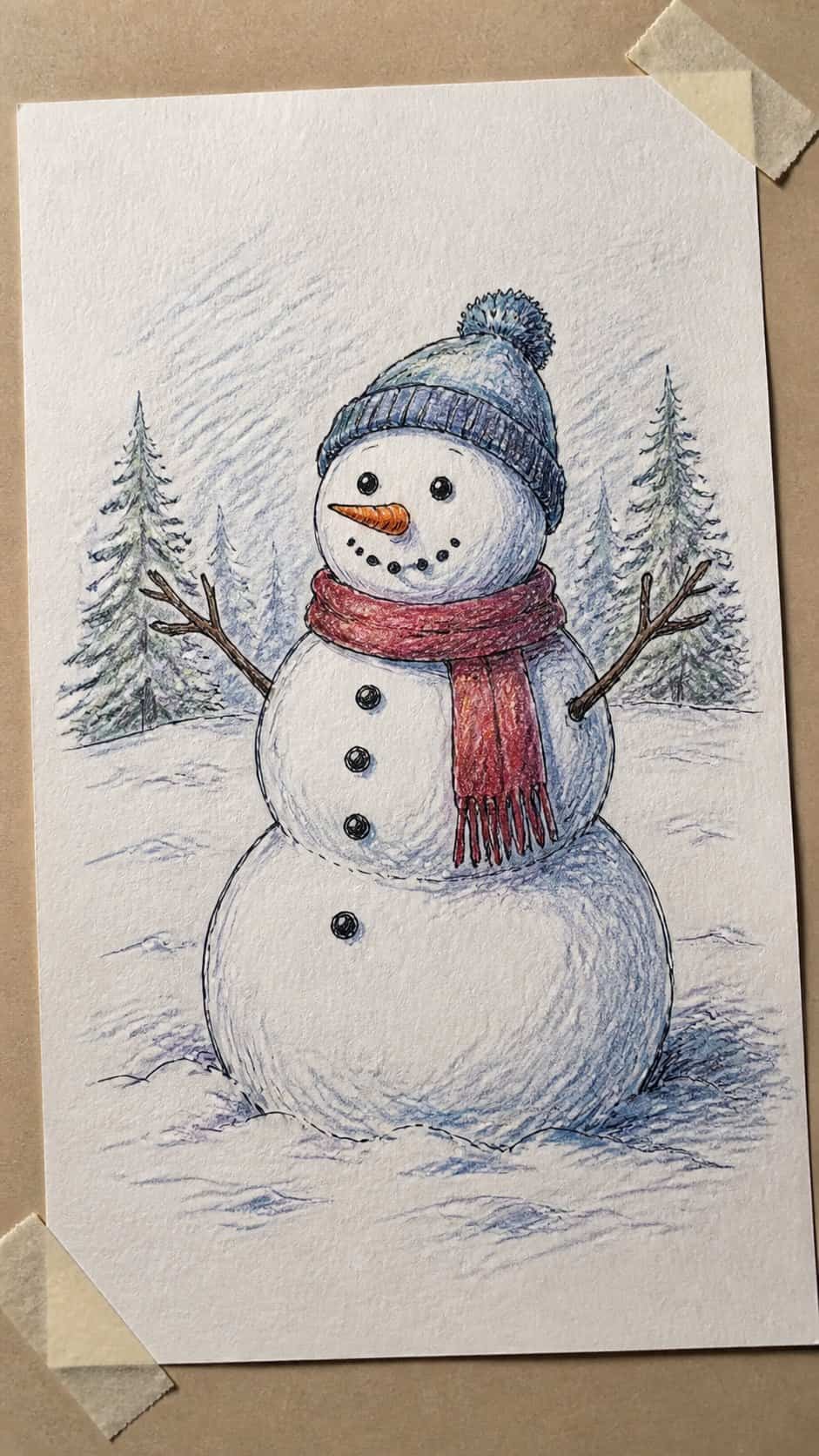 Hand-drawn snowman in colored-pencil drawing on textured paper, shown in a gentle oblique desk view that shows paper tooth and shallow — study 1