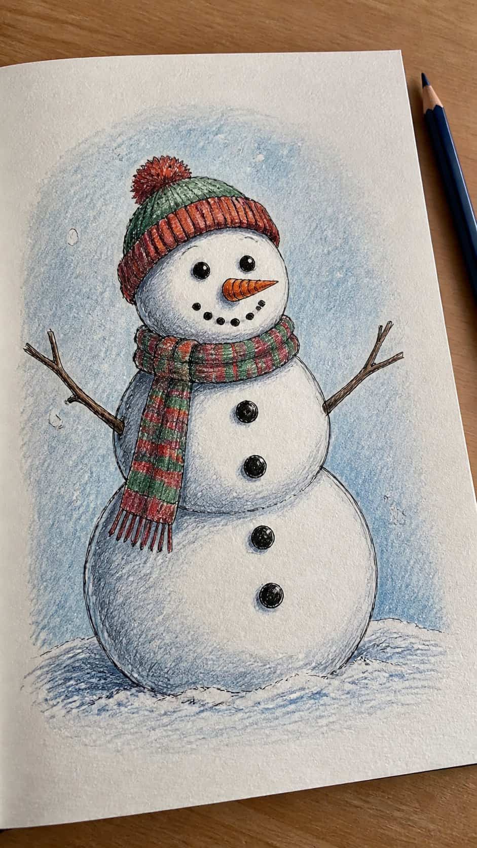 Hand-drawn snowman in colored-pencil drawing on textured paper, shown in a close overhead crop — study 2