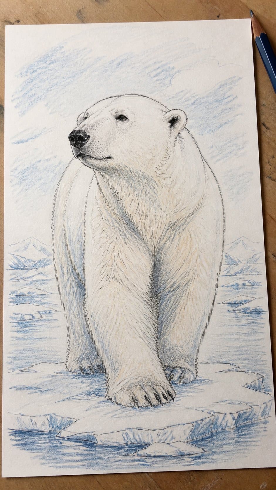 Hand-drawn polar bear in colored-pencil drawing on textured paper, shown in a close overhead crop — study 1