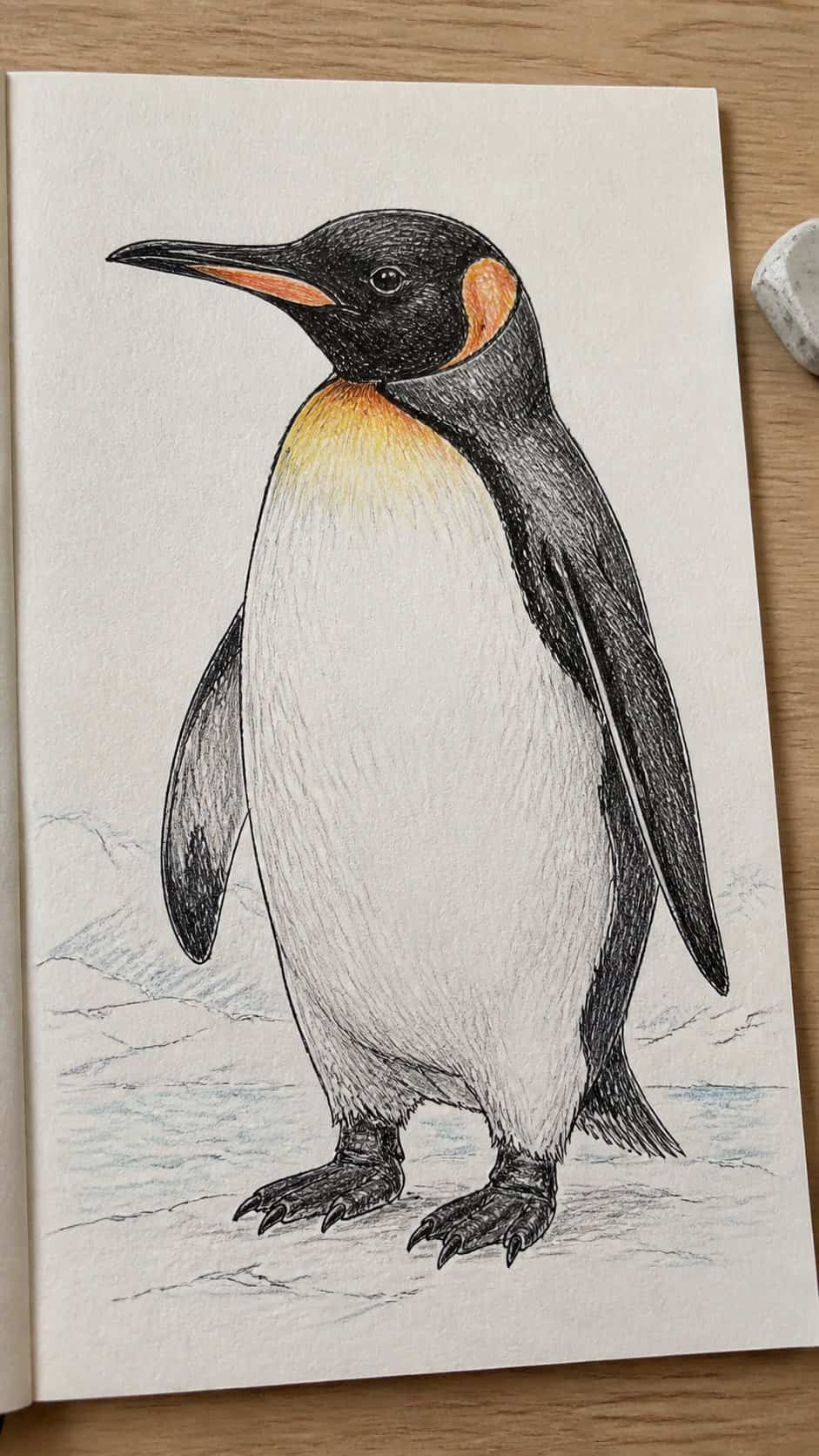 Hand-drawn penguin in colored-pencil drawing on textured paper, shown in a close overhead crop — study 1