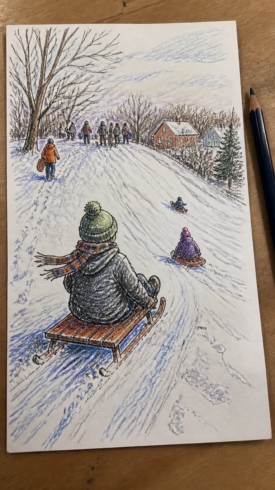 Hand-drawn sledding hill in colored-pencil drawing on textured paper, shown in a close overhead crop — study 1