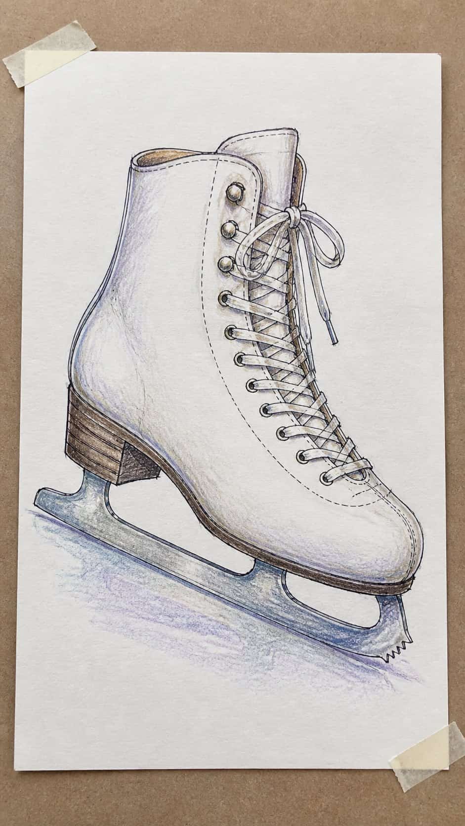 Hand-drawn ice skate in colored-pencil drawing on textured paper, shown in a straight overhead view — study 1