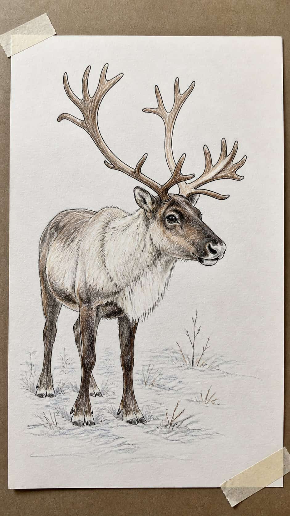 Hand-drawn reindeer in colored-pencil drawing on textured paper, shown in a slightly off-center overhead composition, like an artist — study 1