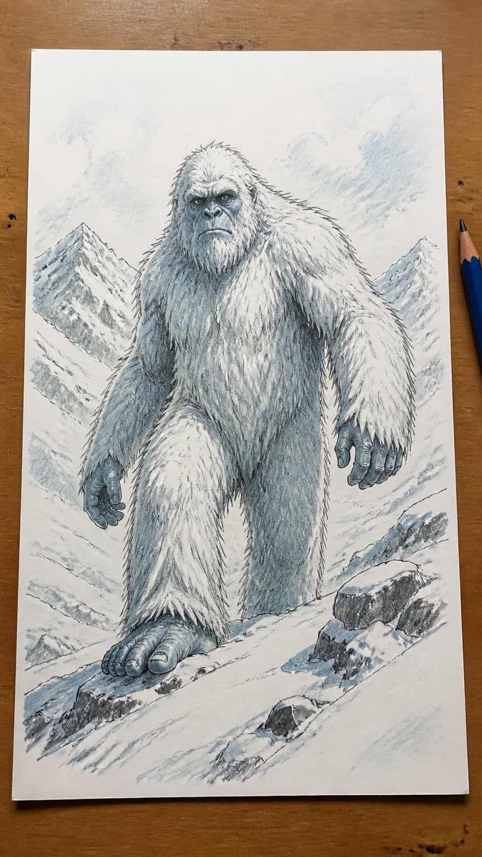 Hand-drawn yeti in colored-pencil drawing on textured paper, shown in a straight overhead view — study 1