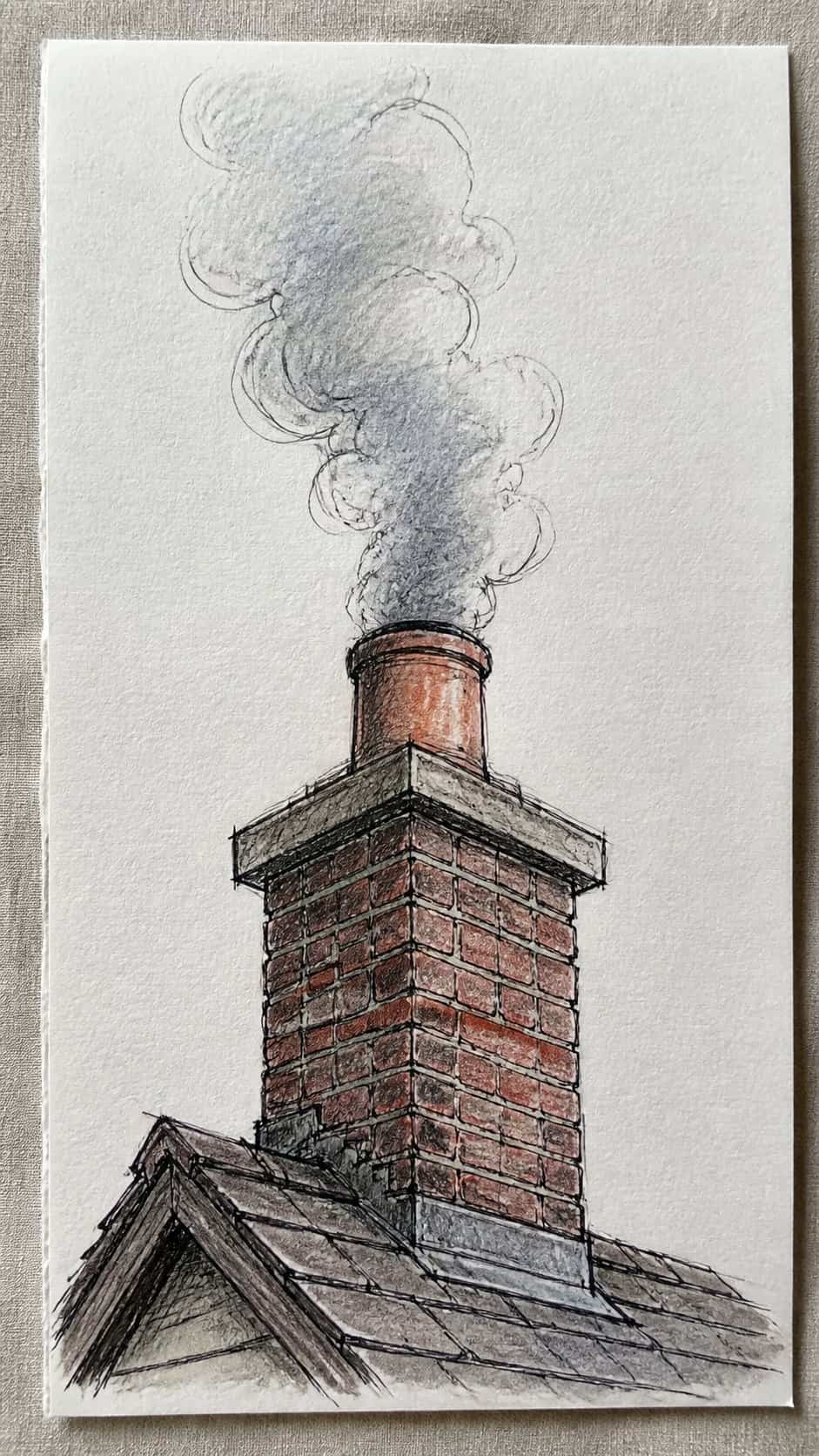 Hand-drawn chimney with smoke in colored-pencil drawing on textured paper, shown in a close overhead crop — study 1