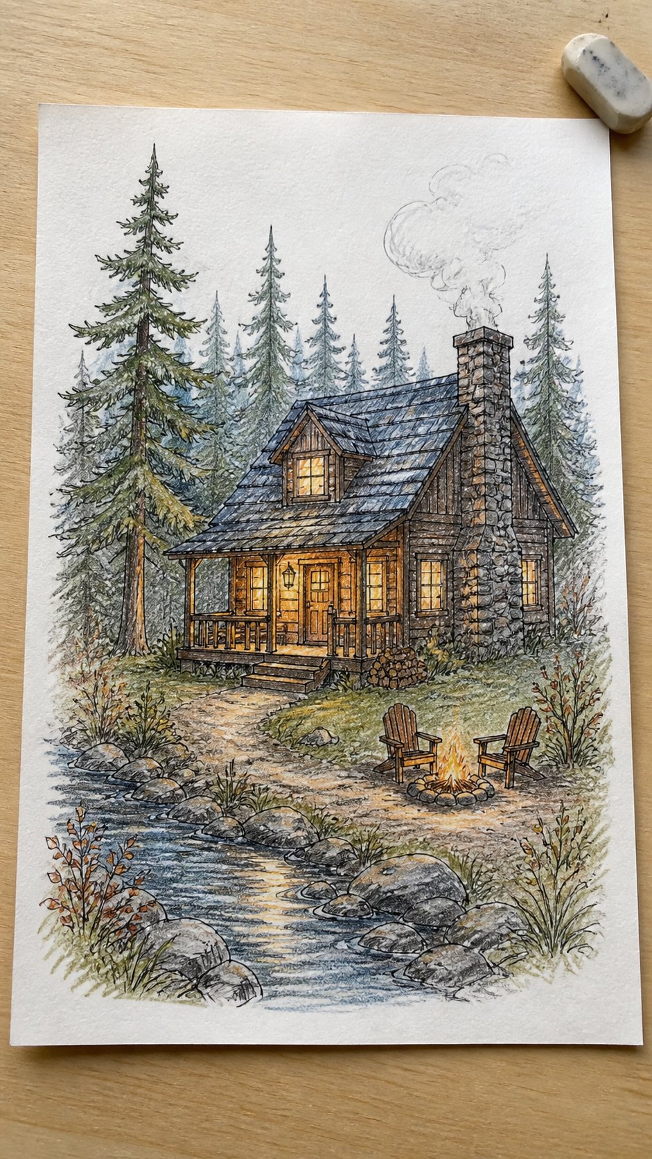 Hand-drawn cozy cabin in colored-pencil drawing on textured paper, shown in a slightly off-center overhead composition, like an artist — study 1