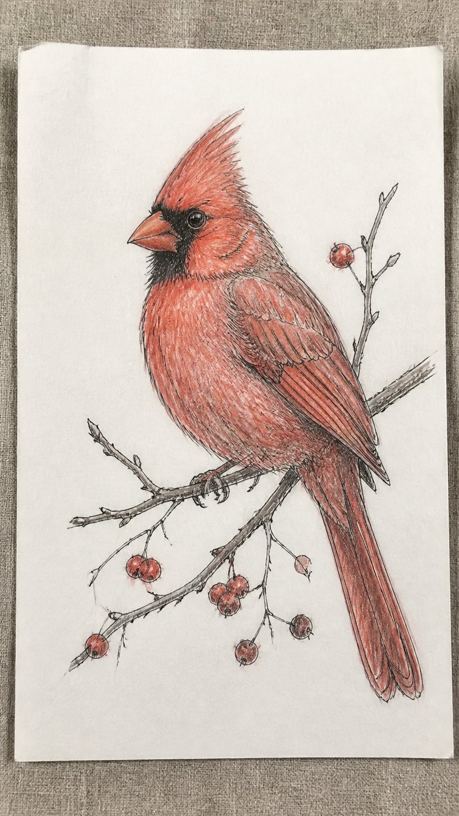 Hand-drawn cardinal in colored-pencil drawing on textured paper, shown in a slightly off-center overhead composition, like an artist — study 1