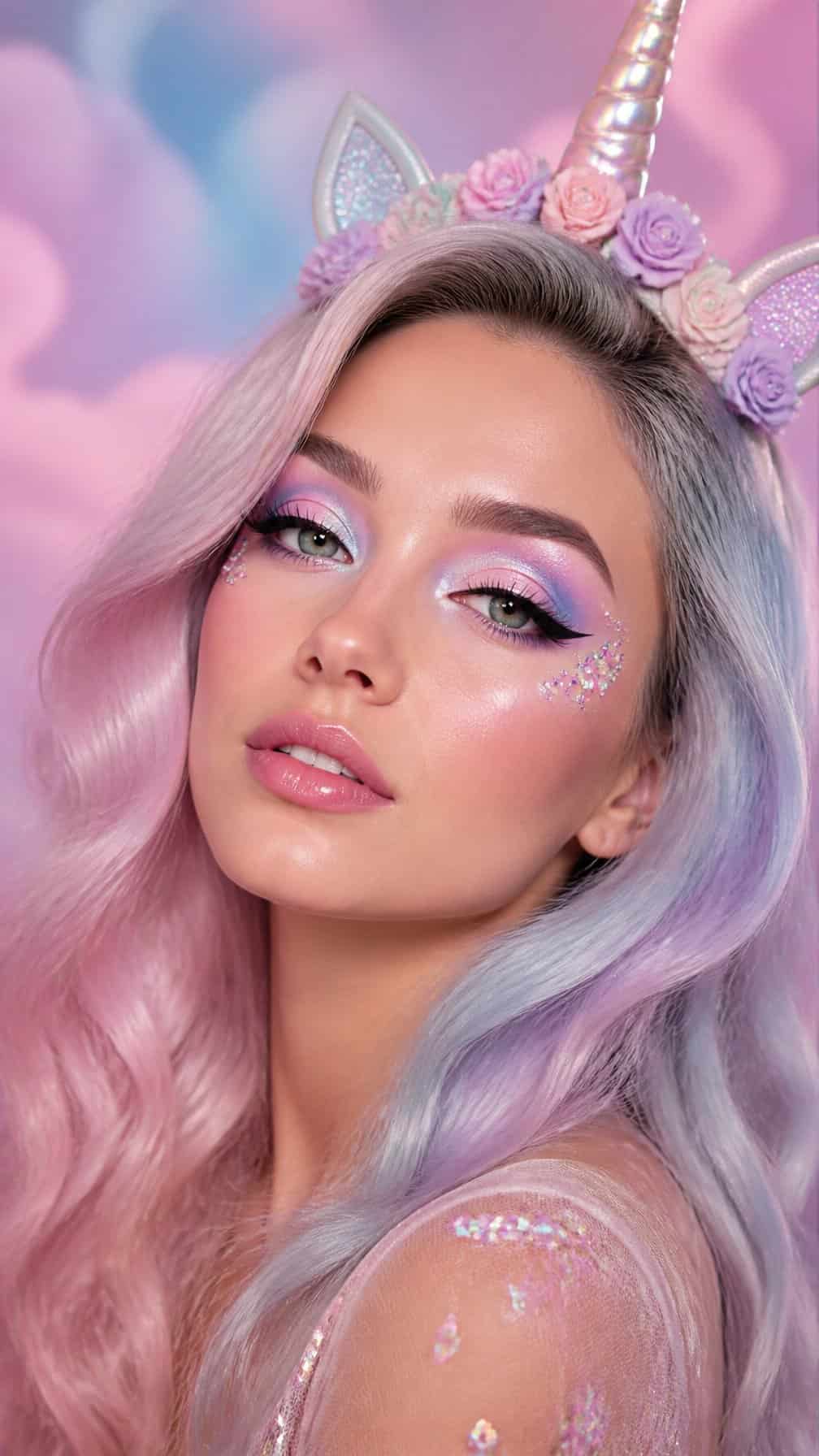 Adult model wearing pastel unicorn-inspired makeup and colorful hair against a dreamy pastel background.