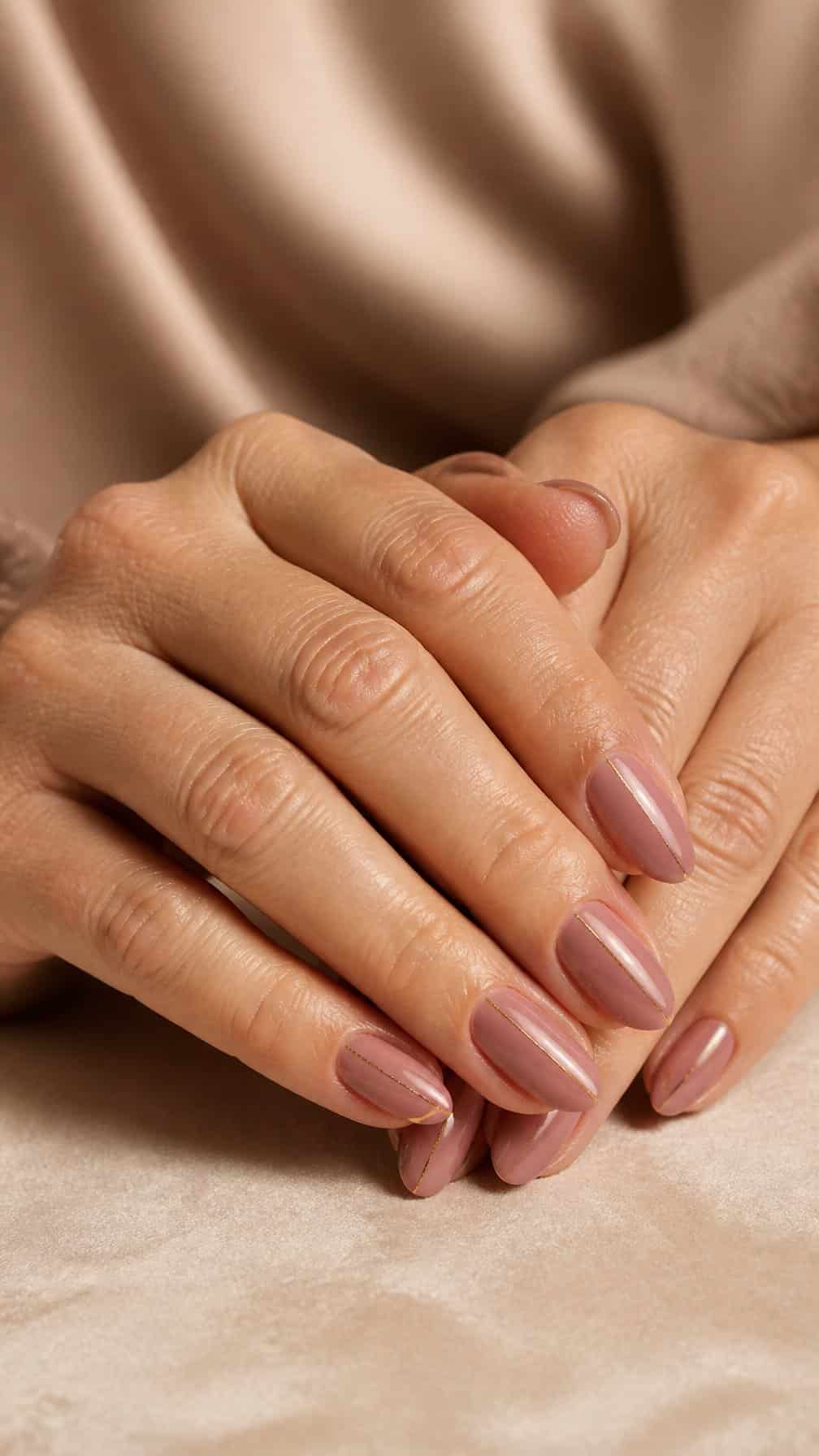 Mature hands with dusty rose nails decorated with thin gold lines resting on a neutral surface.