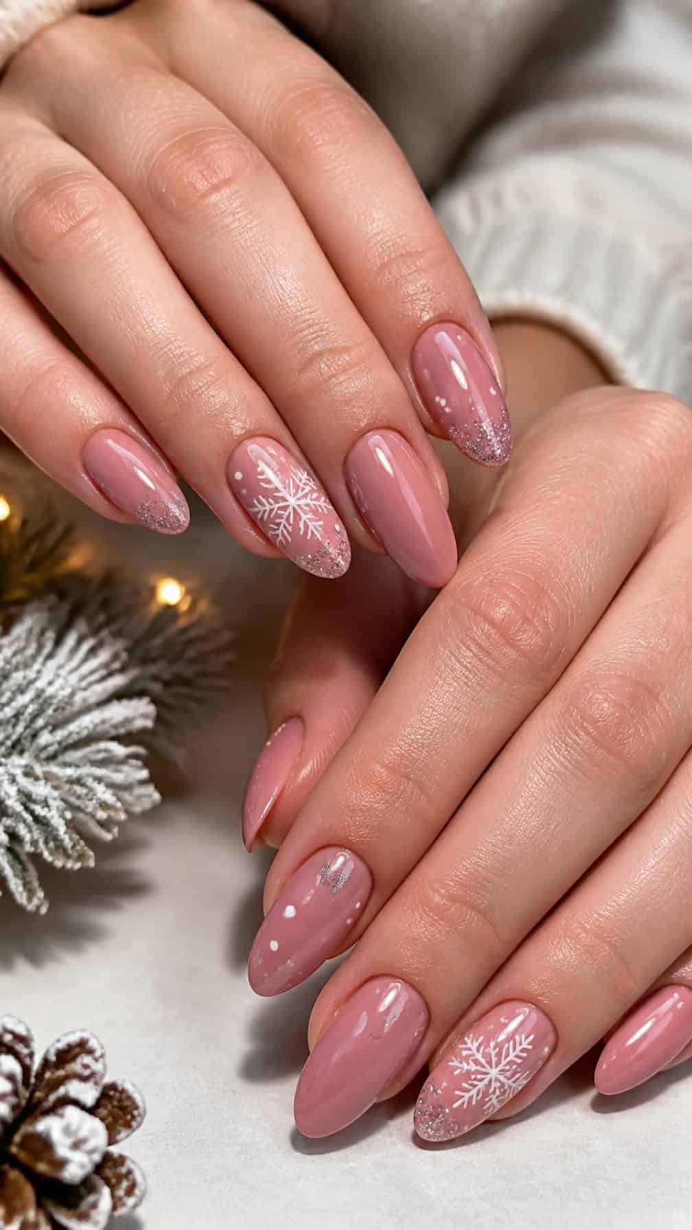 A close-up of dusty rose pink manicured nails decorated with delicate white snowflakes.