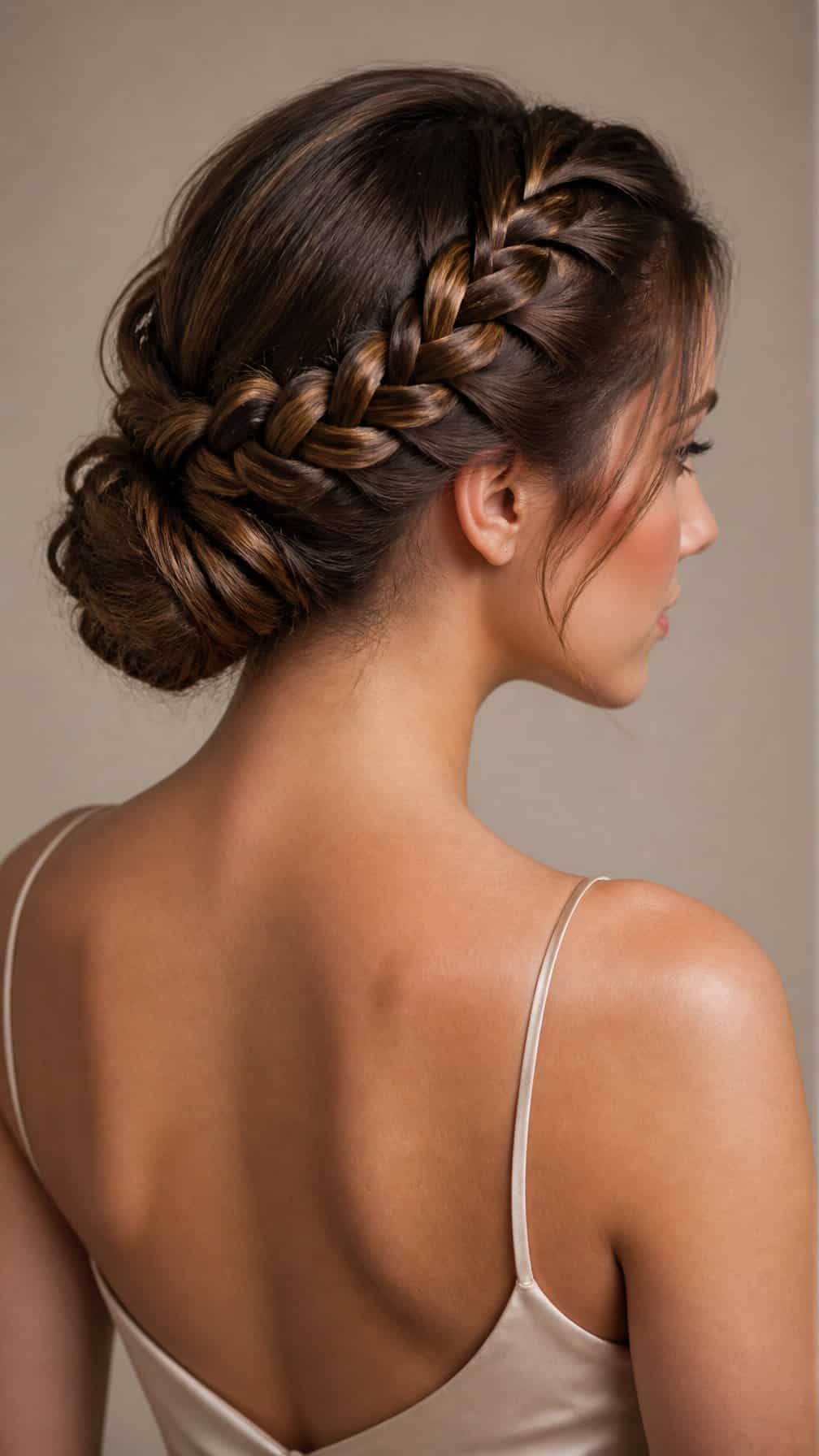 A woman wearing her hair in a Dutch braid updo.
