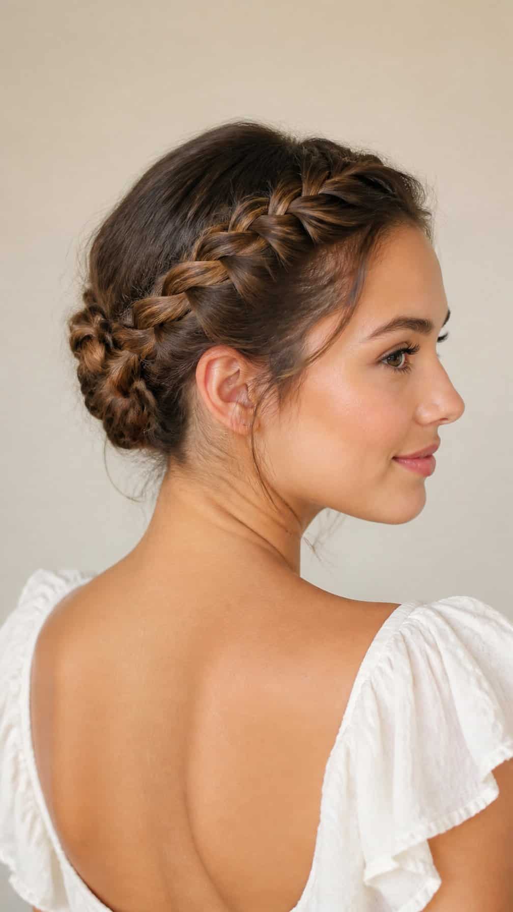 Woman wearing a Dutch crown braid viewed from behind.