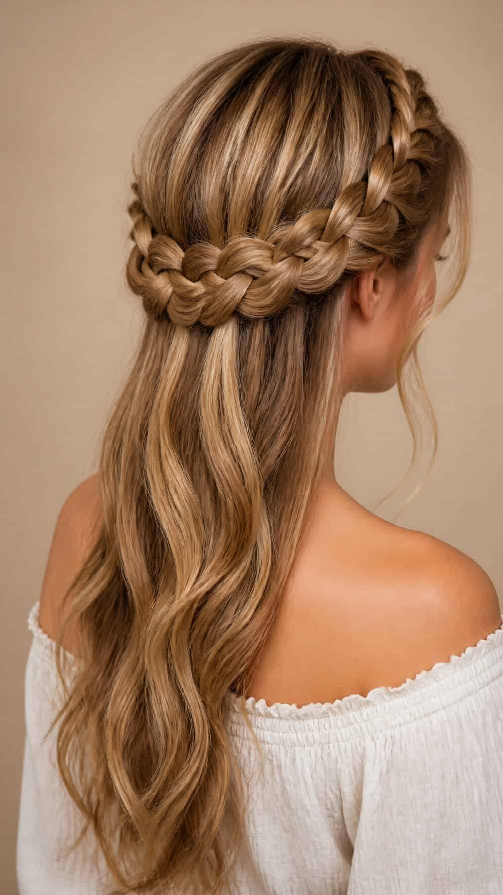 A person with long hair styled in a Dutch crown braid that wraps around the head.