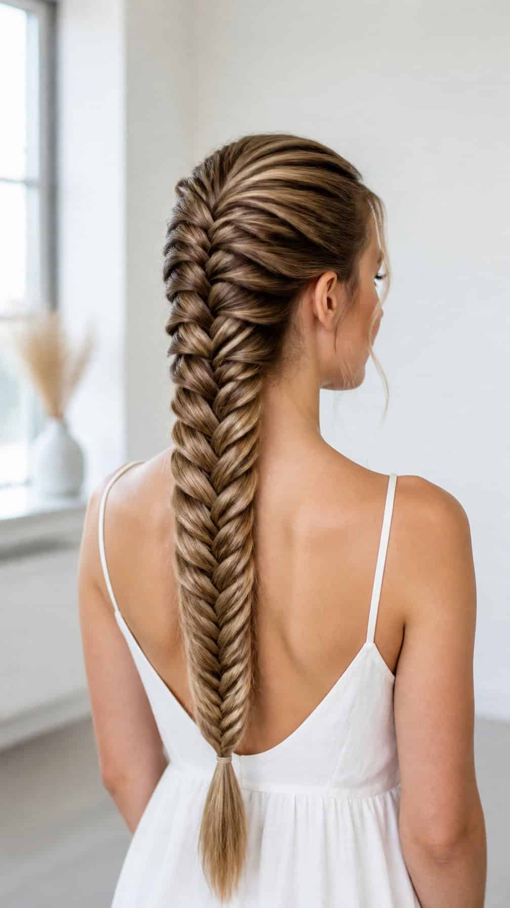 A woman with long hair styled in a Dutch fishtail braid down her back.