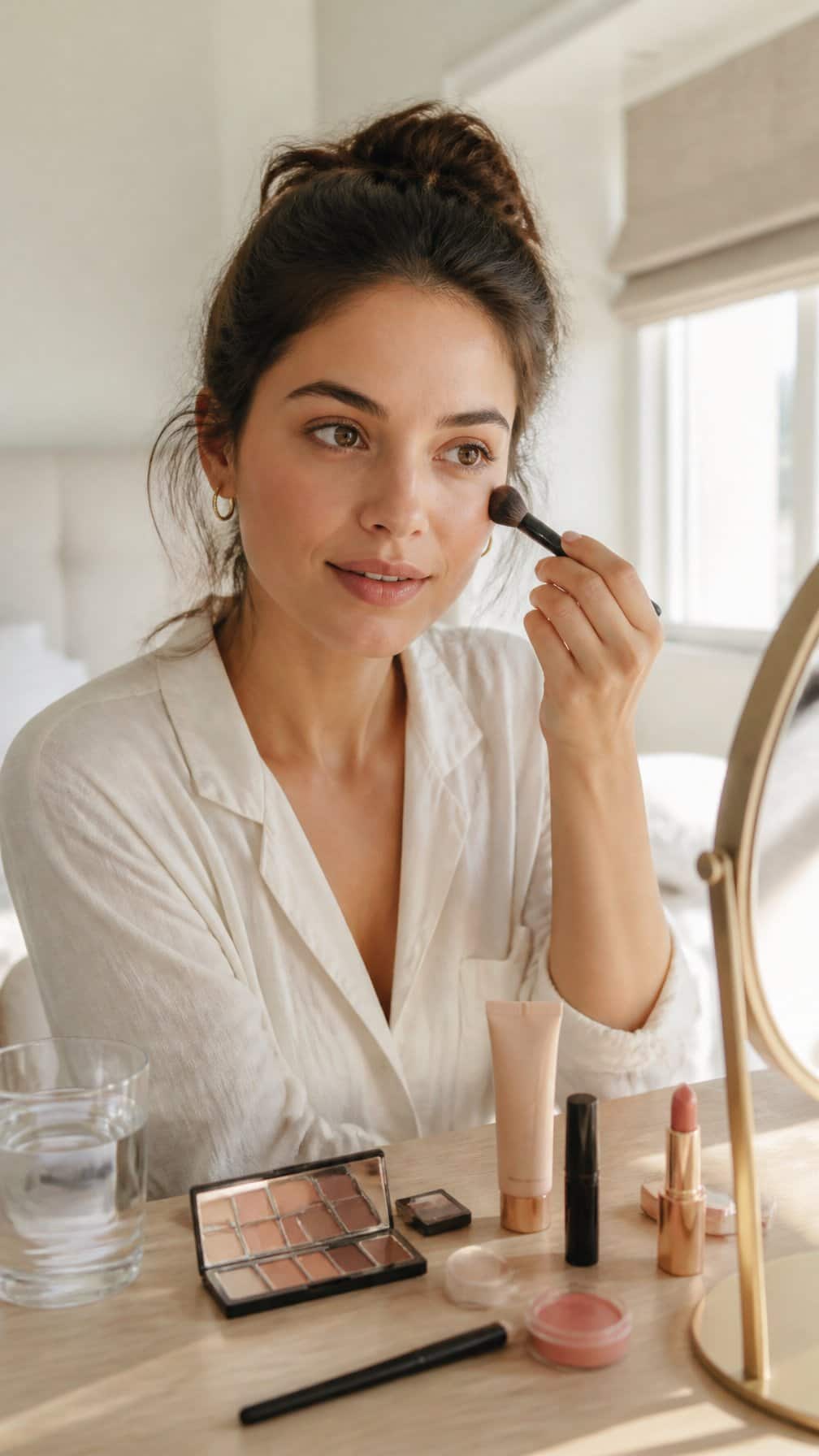 Woman applying natural nude makeup at a bedroom vanity.