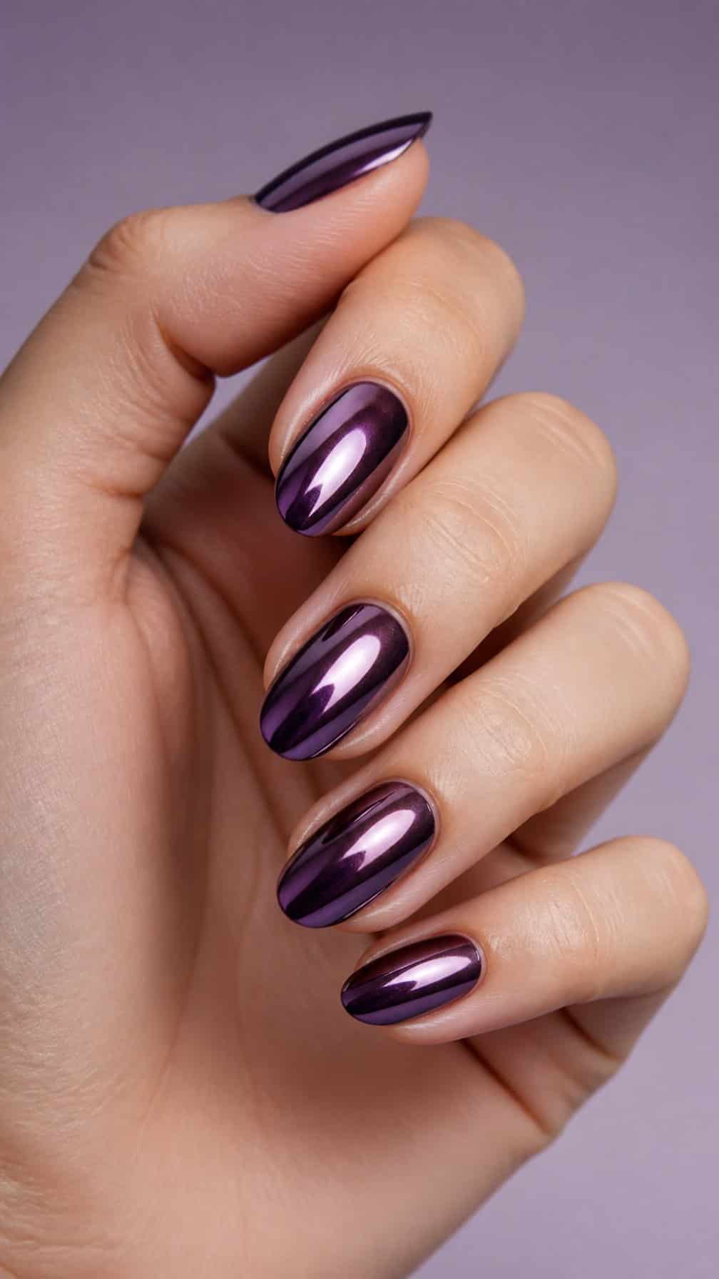 A hand with glossy deep purple chrome almond-shaped nails posed against a soft lavender background.