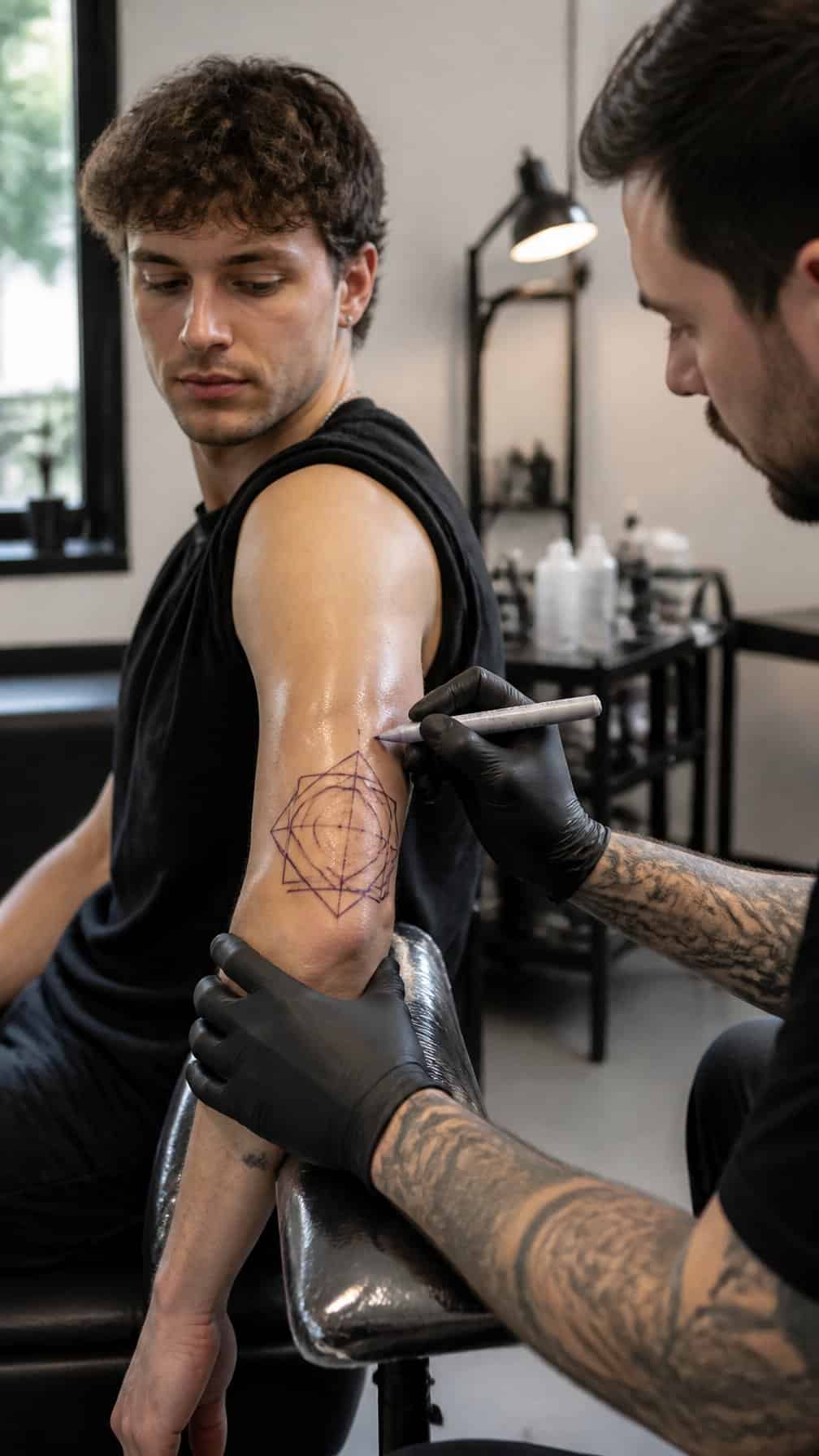 A tattoo artist maps a geometric design around a client’s outer elbow in a clean studio.