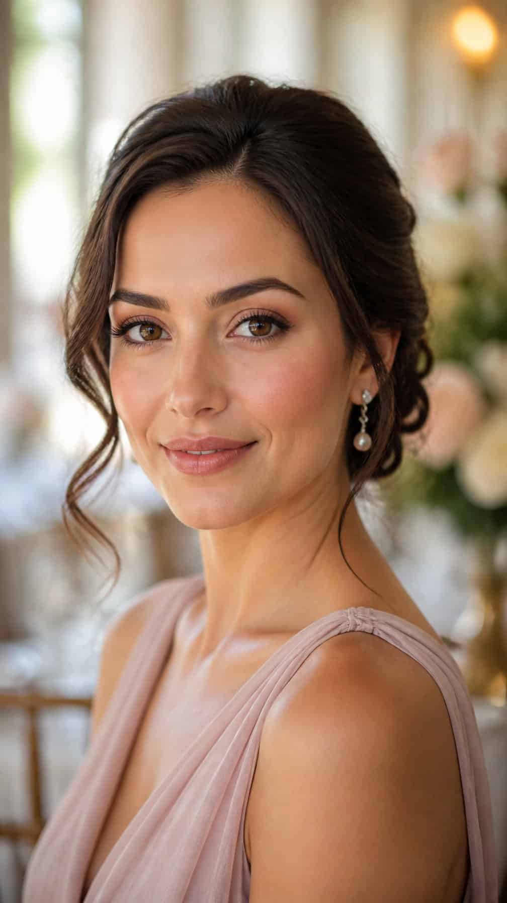 Woman wearing elegant makeup and a neat updo in a softly lit portrait.