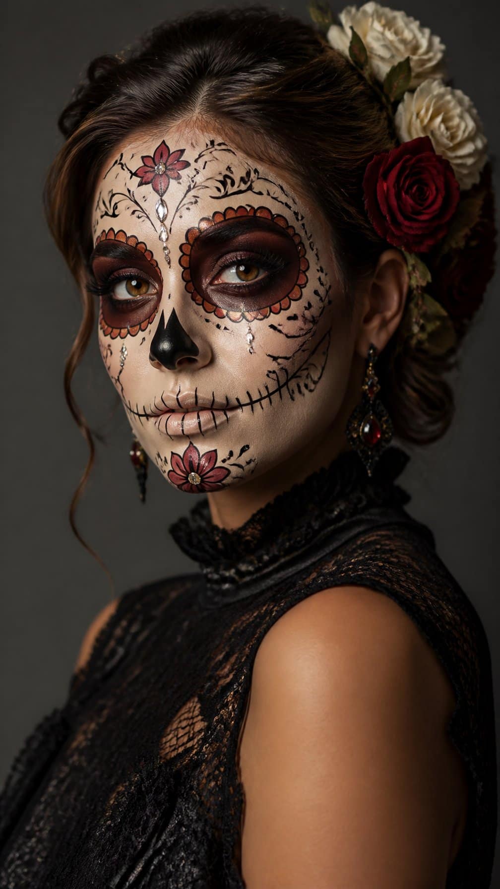 Woman wearing elegant sugar skull makeup and a floral hair arrangement.