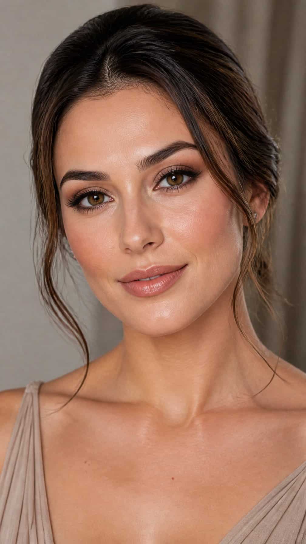 Close-up portrait of a bridesmaid wearing taupe smoky eye makeup and nude lipstick.
