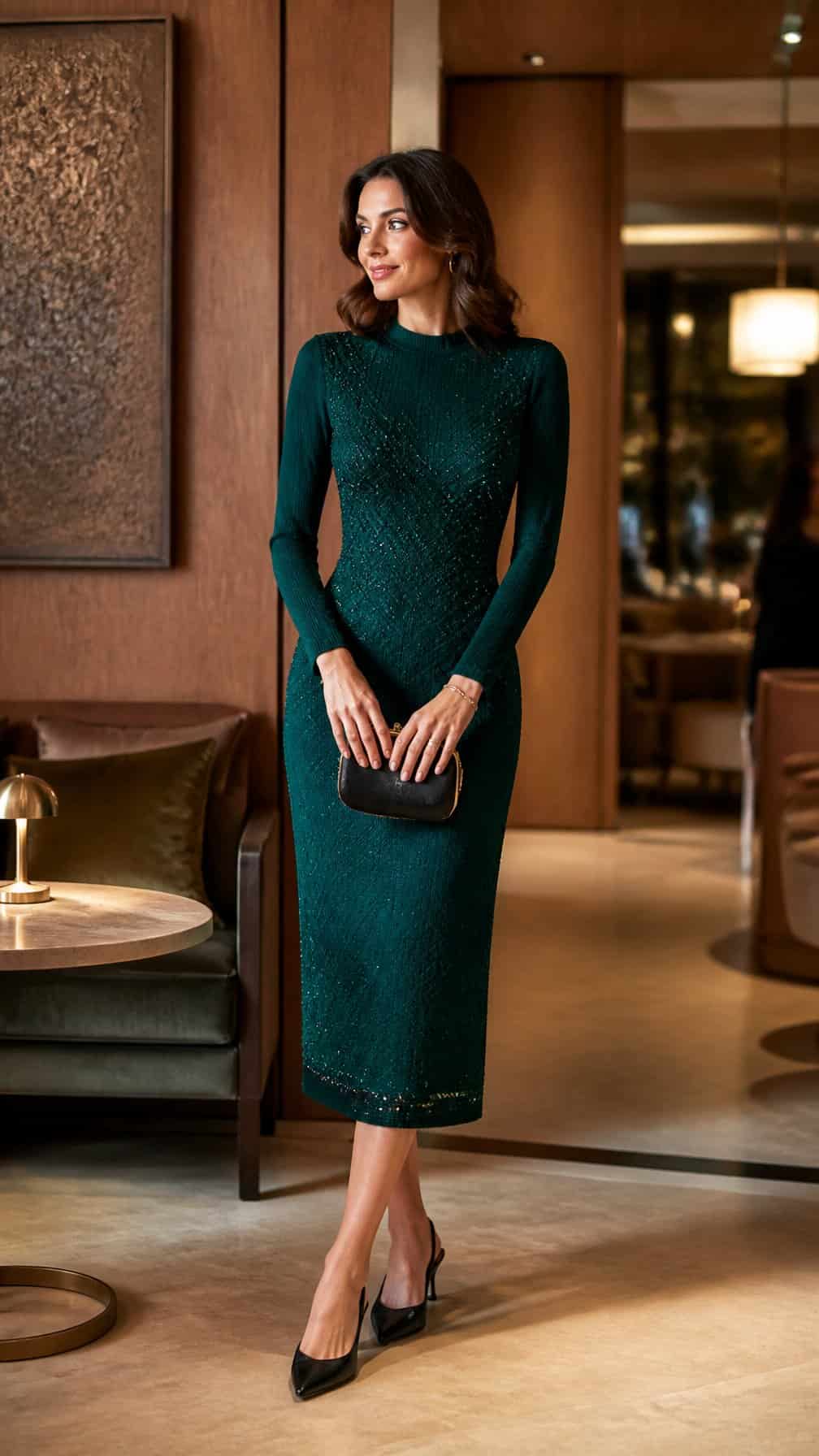 A woman wearing an embellished knit midi dress and slingback pumps stands in an elegant evening lounge.