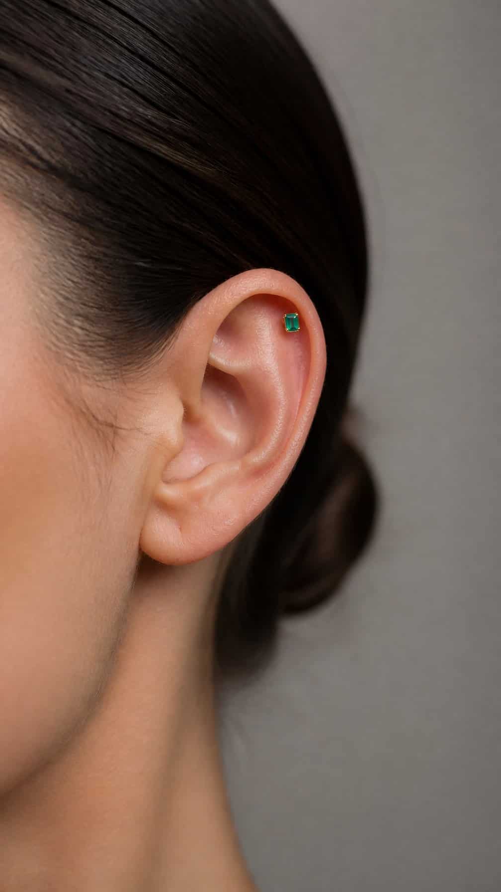 Close-up of an ear wearing an emerald-cut green helix stud.