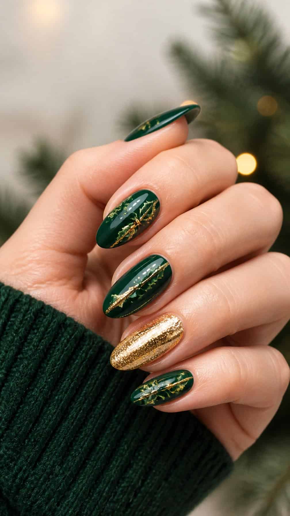 Close-up of a hand with emerald green and gold holly Christmas nail art.